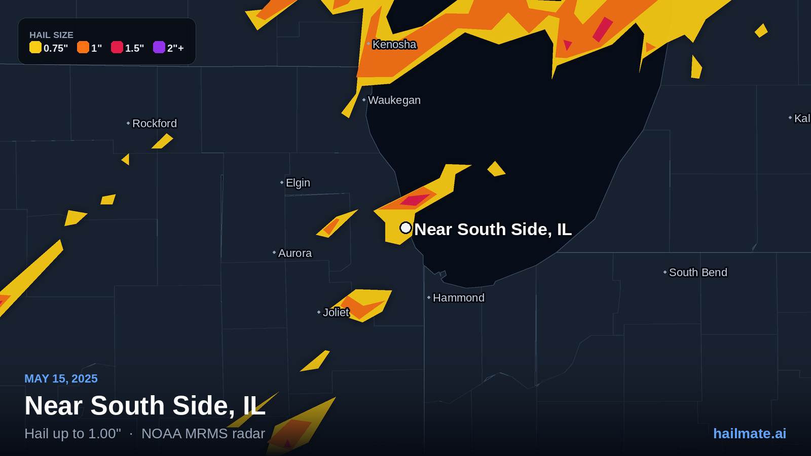 Hail swath map for Near South Side, IL on May 15, 2025 showing 1.00 inch hail.
