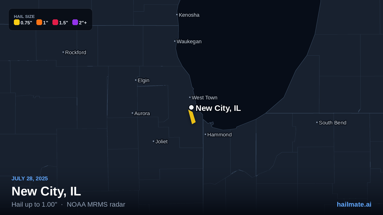 Hail swath map for New City, IL on July 28, 2025 showing 1.00 inch hail.