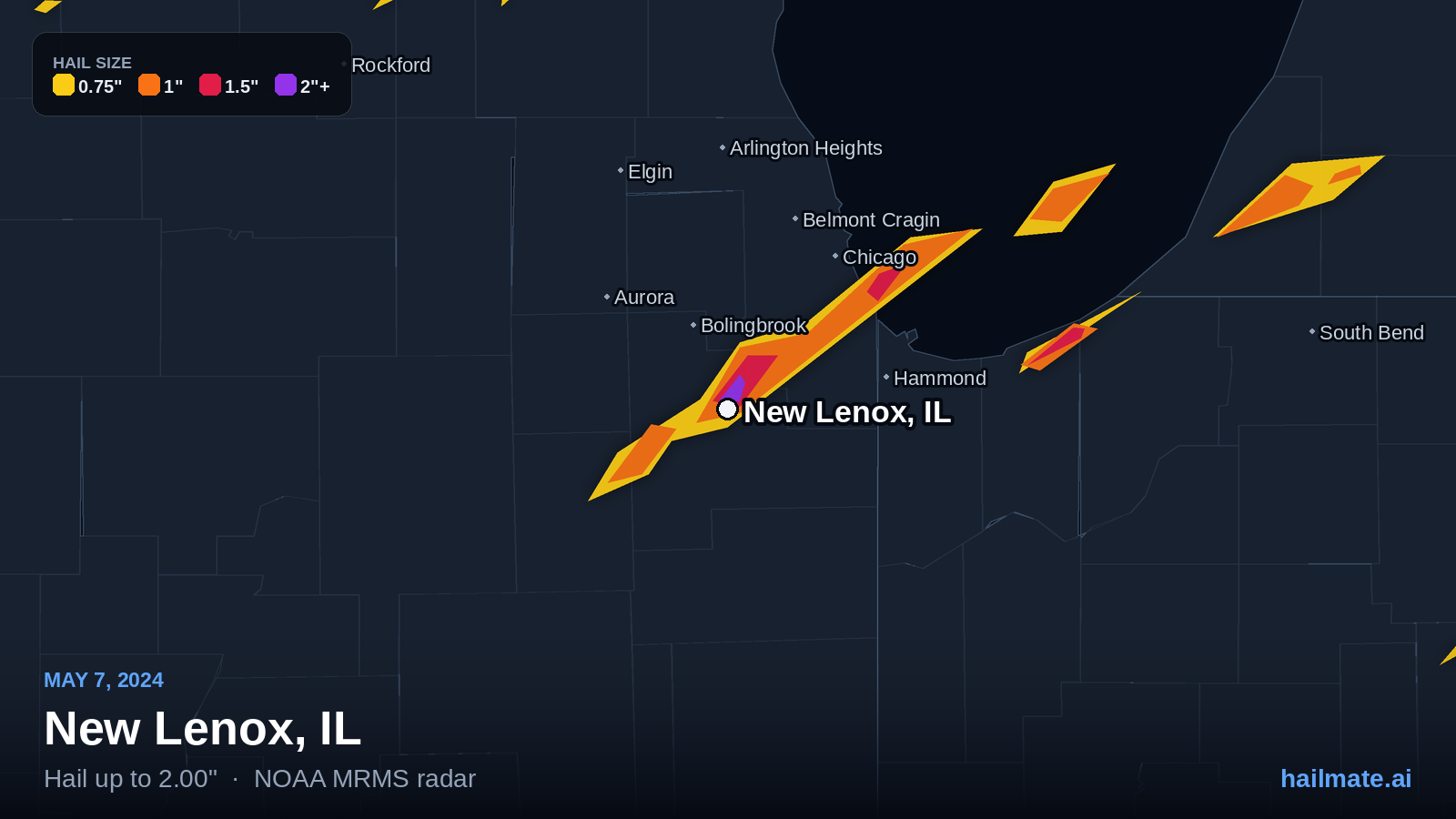 Hail swath map for New Lenox, IL on May 7, 2024 showing 2.00 inch hail.