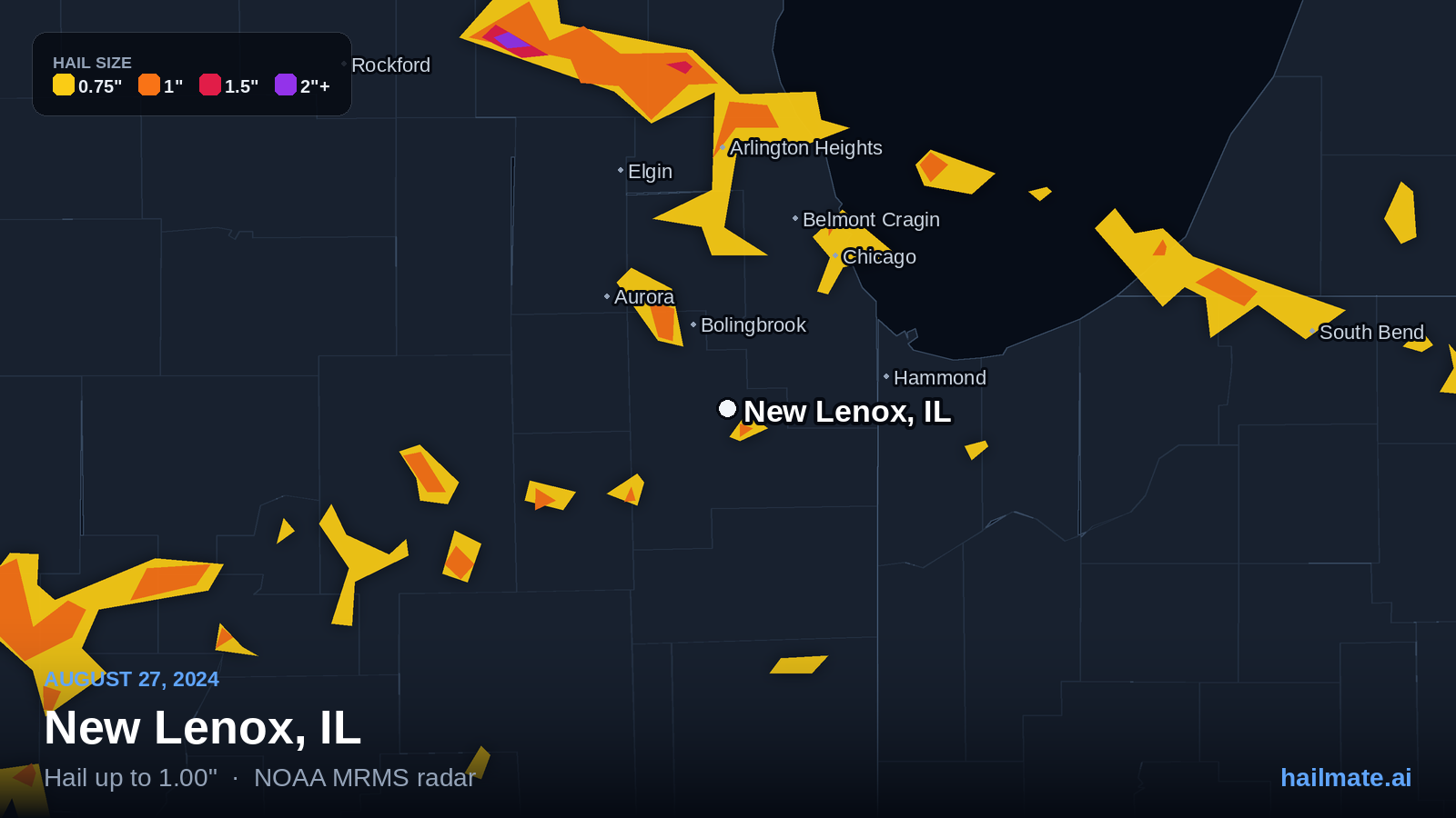 Hail swath map for New Lenox, IL on August 27, 2024 showing 1.00 inch hail.