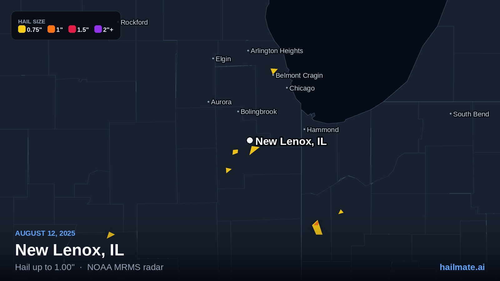Hail swath map for New Lenox, IL on August 12, 2025 showing 1.00 inch hail.