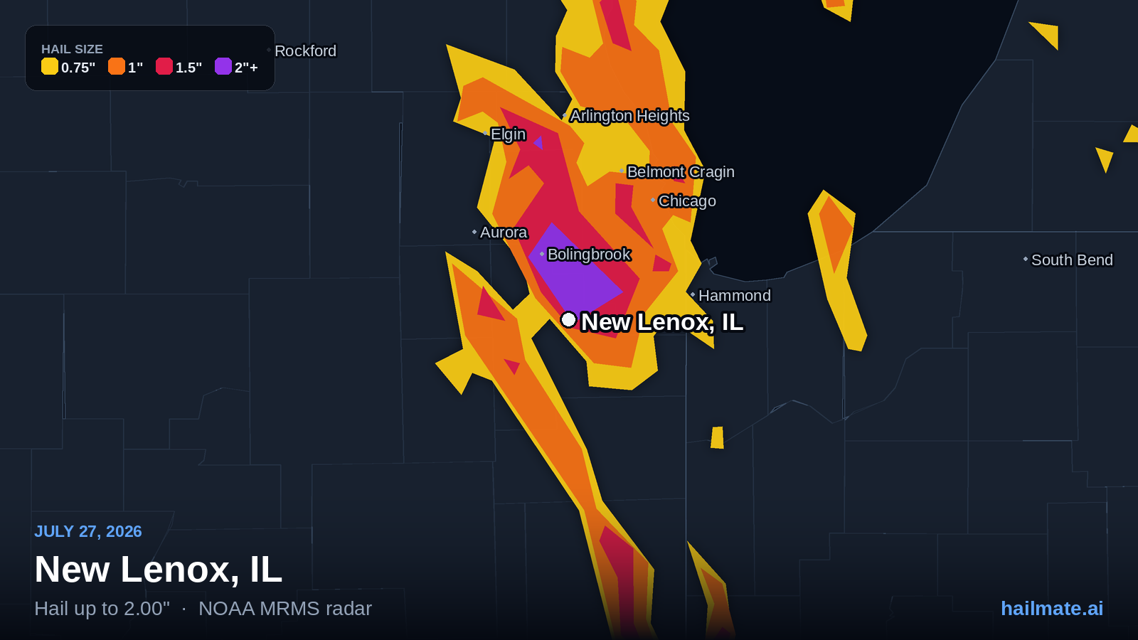 Hail swath map for New Lenox, IL on July 27, 2026 showing 2.00 inch hail.