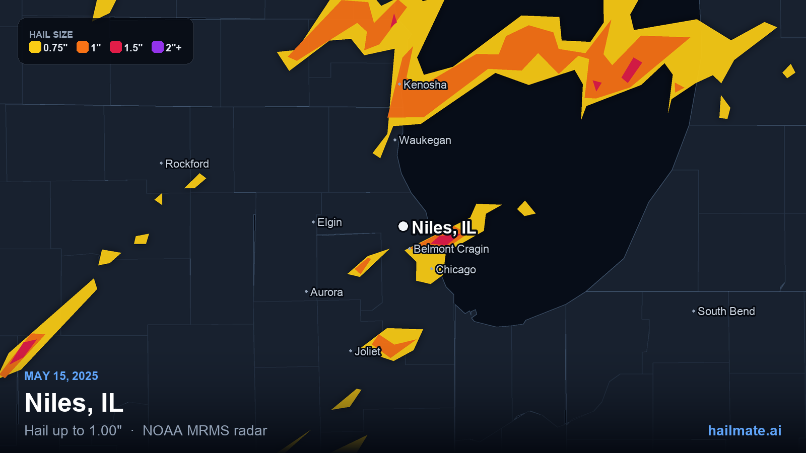 Hail swath map for Niles, IL on May 15, 2025 showing 1.00 inch hail.