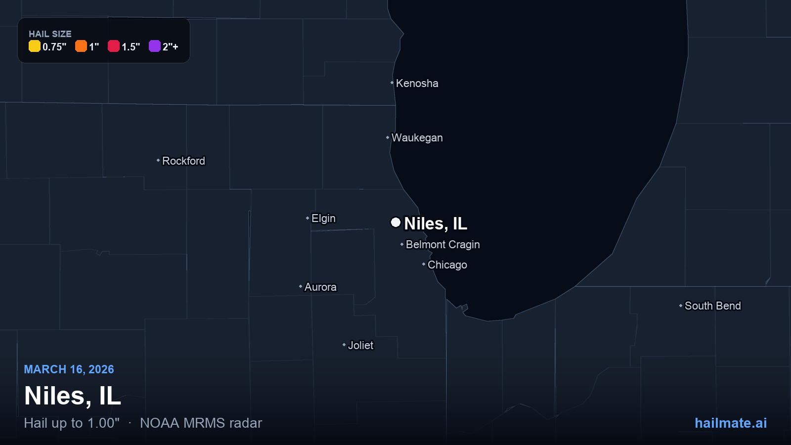 Hail swath map for Niles, IL on March 16, 2026 showing 1.00 inch hail.