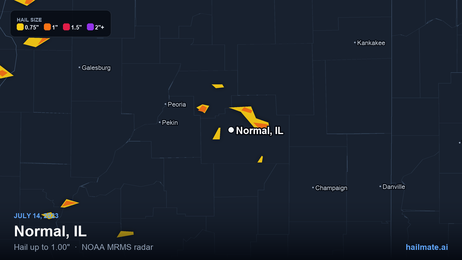 Hail swath map for Normal, IL on July 14, 2023 showing 1.00 inch hail.