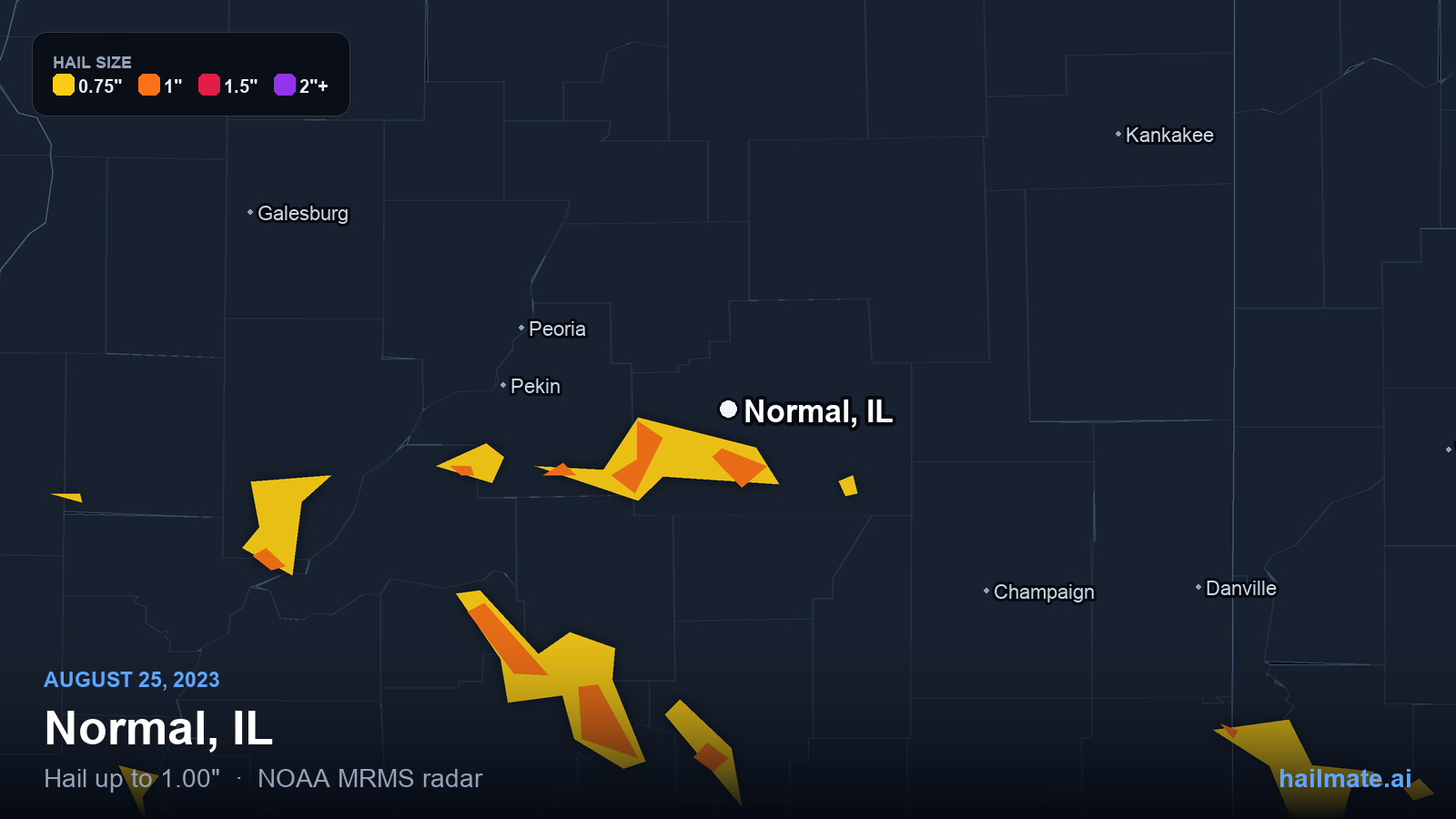 Hail swath map for Normal, IL on August 25, 2023 showing 1.00 inch hail.