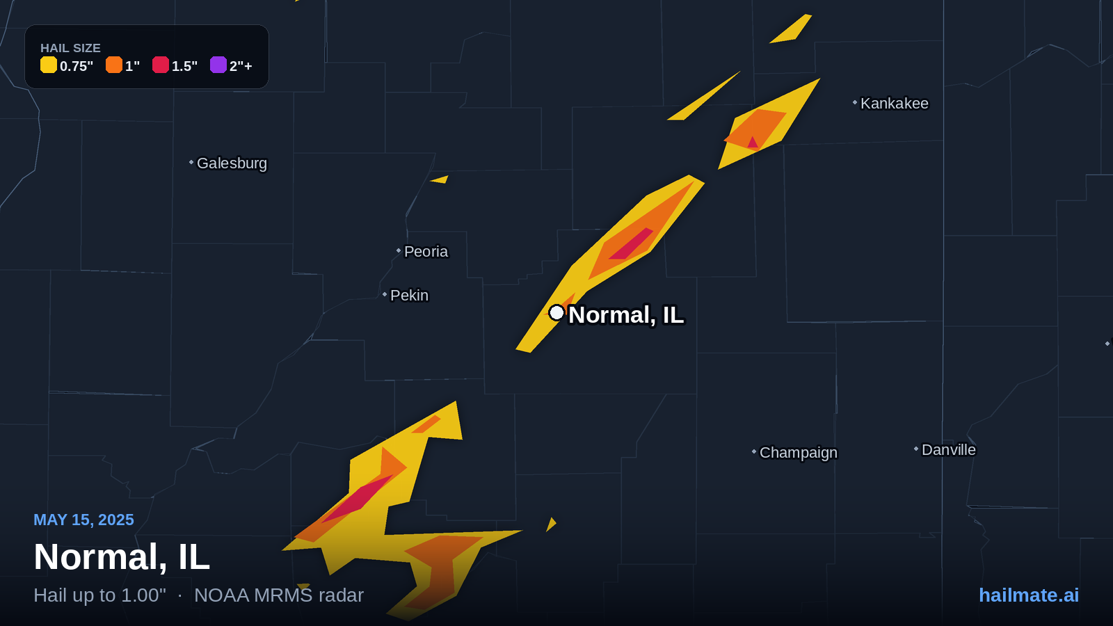Hail swath map for Normal, IL on May 15, 2025 showing 1.00 inch hail.