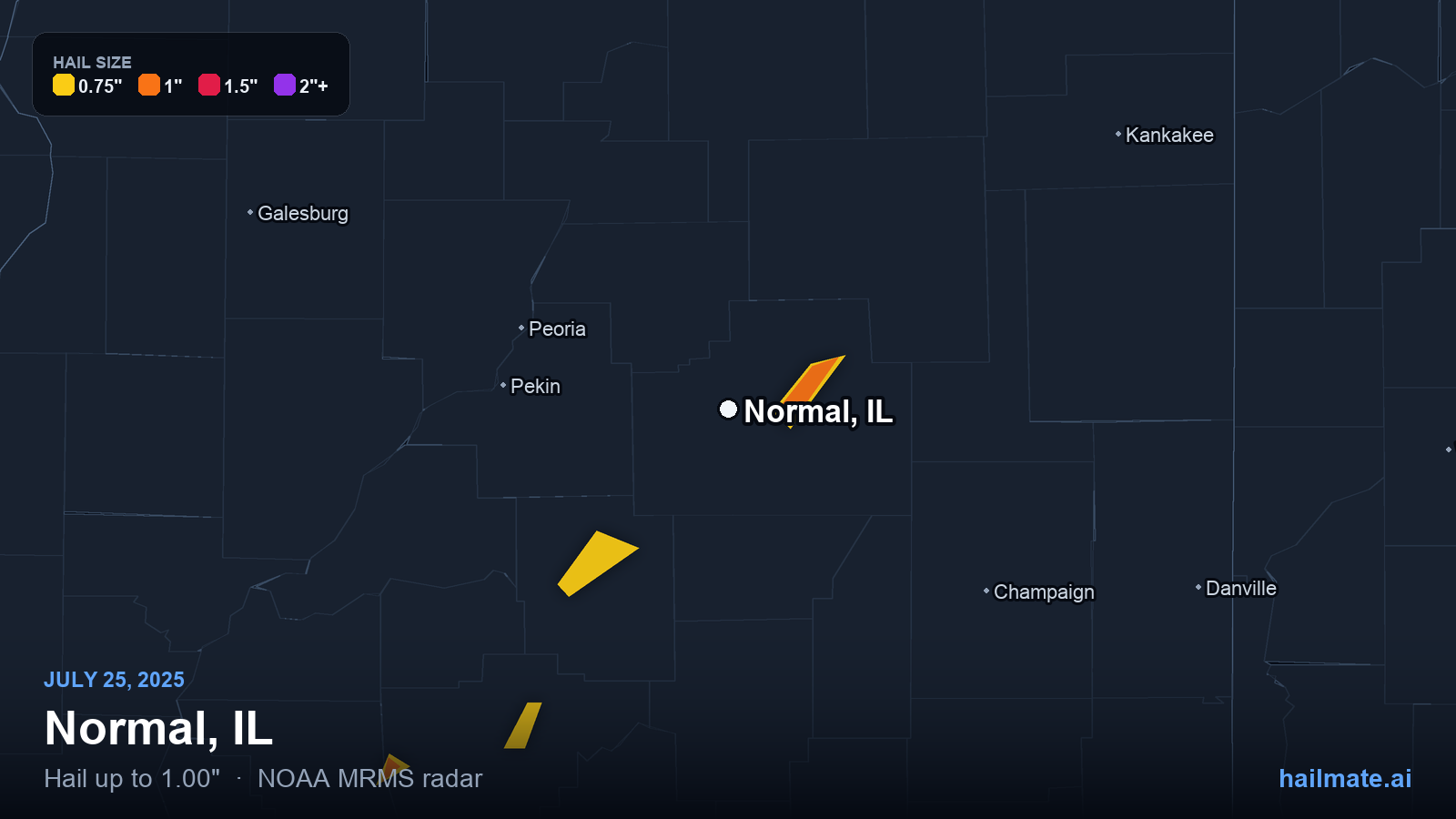 Hail swath map for Normal, IL on July 25, 2025 showing 1.00 inch hail.