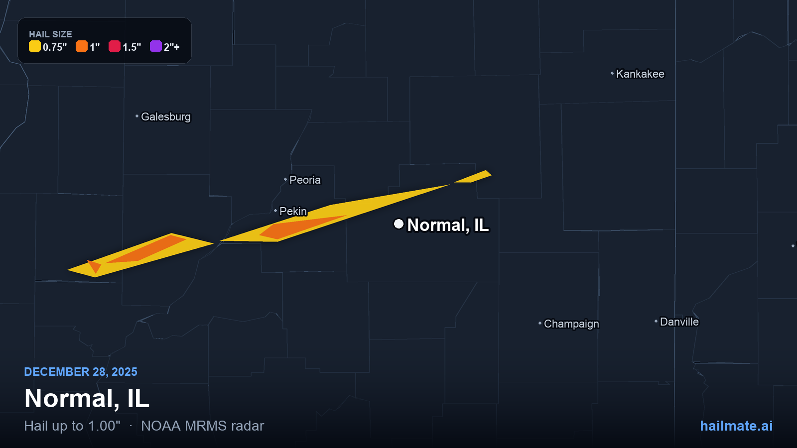 Hail swath map for Normal, IL on December 28, 2025 showing 1.00 inch hail.