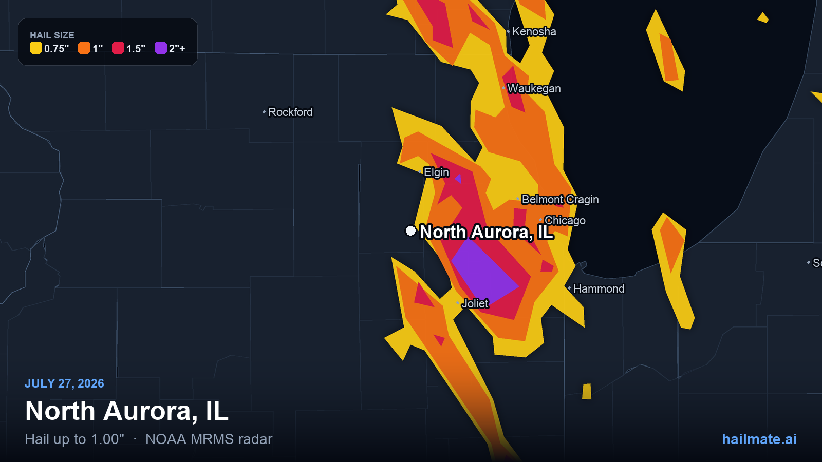 Hail swath map for North Aurora, IL on July 27, 2026 showing 1.00 inch hail.