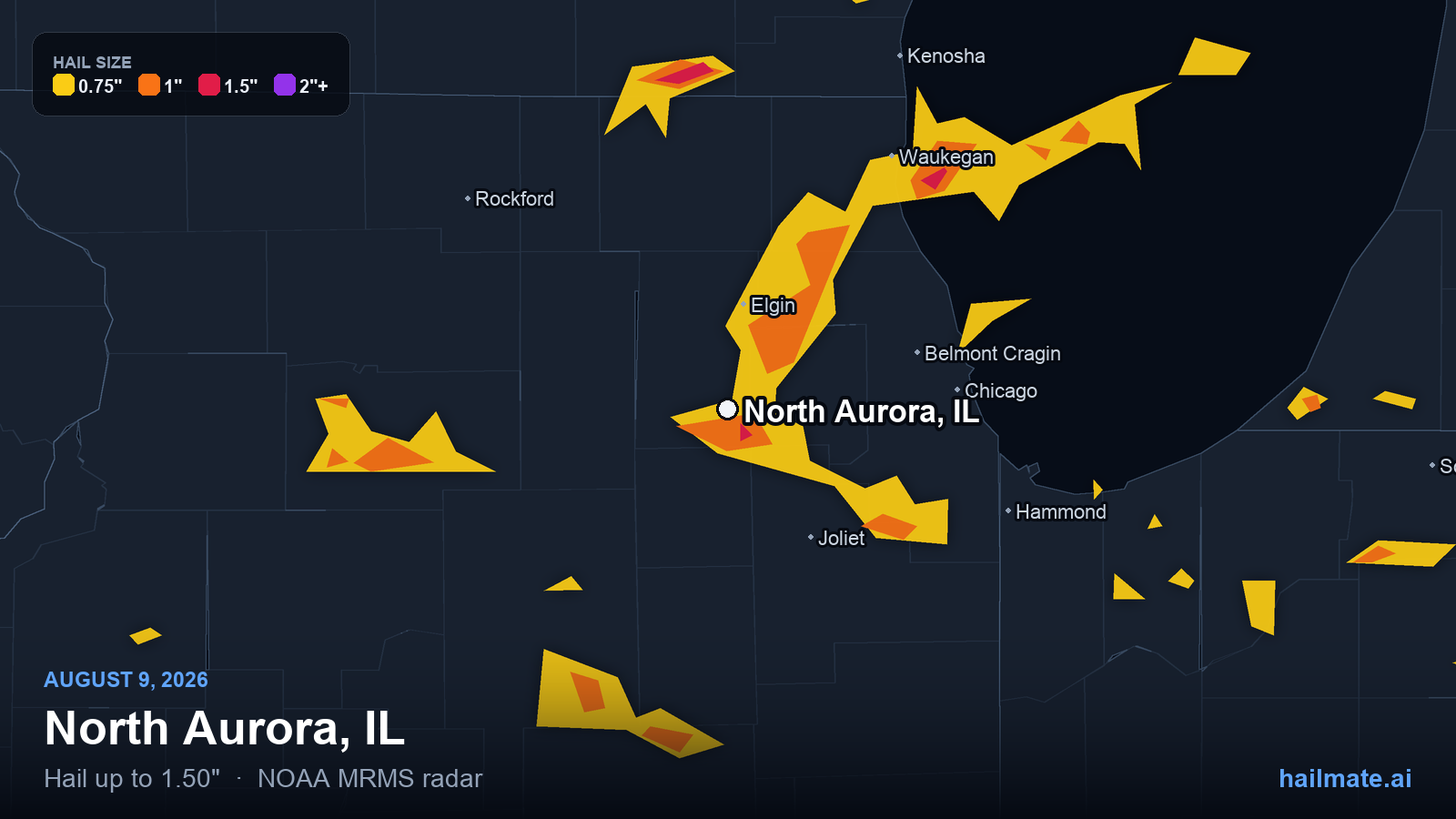 Hail swath map for North Aurora, IL on August 9, 2026 showing 1.50 inch hail.