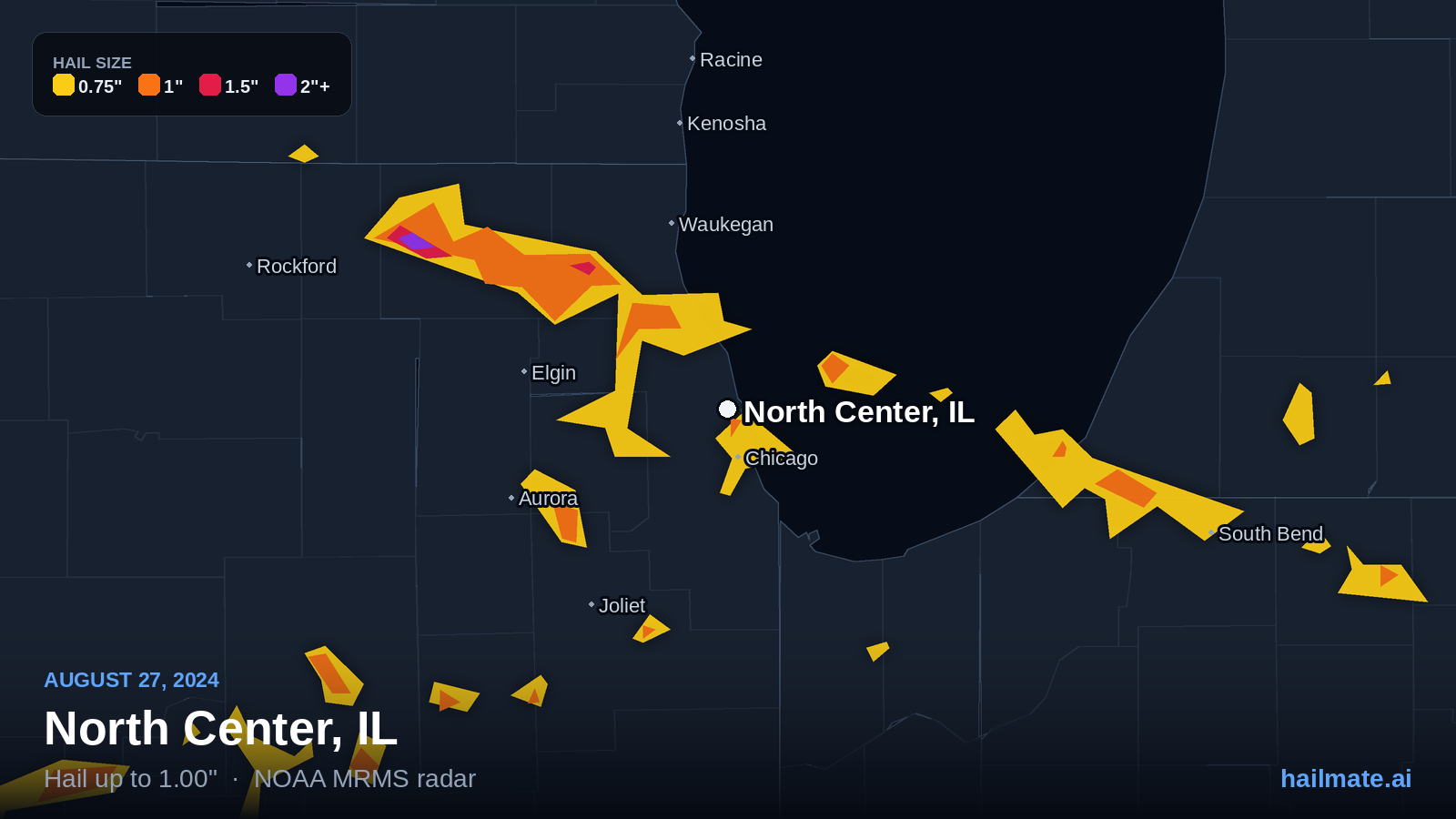 Hail swath map for North Center, IL on August 27, 2024 showing 1.00 inch hail.