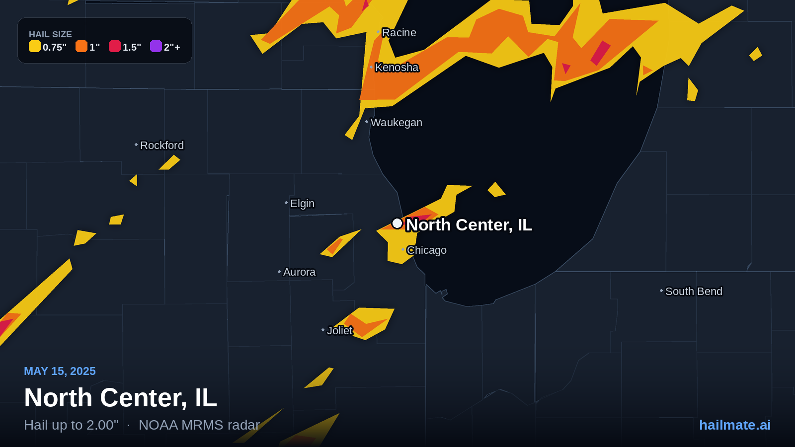 Hail swath map for North Center, IL on May 15, 2025 showing 2.00 inch hail.