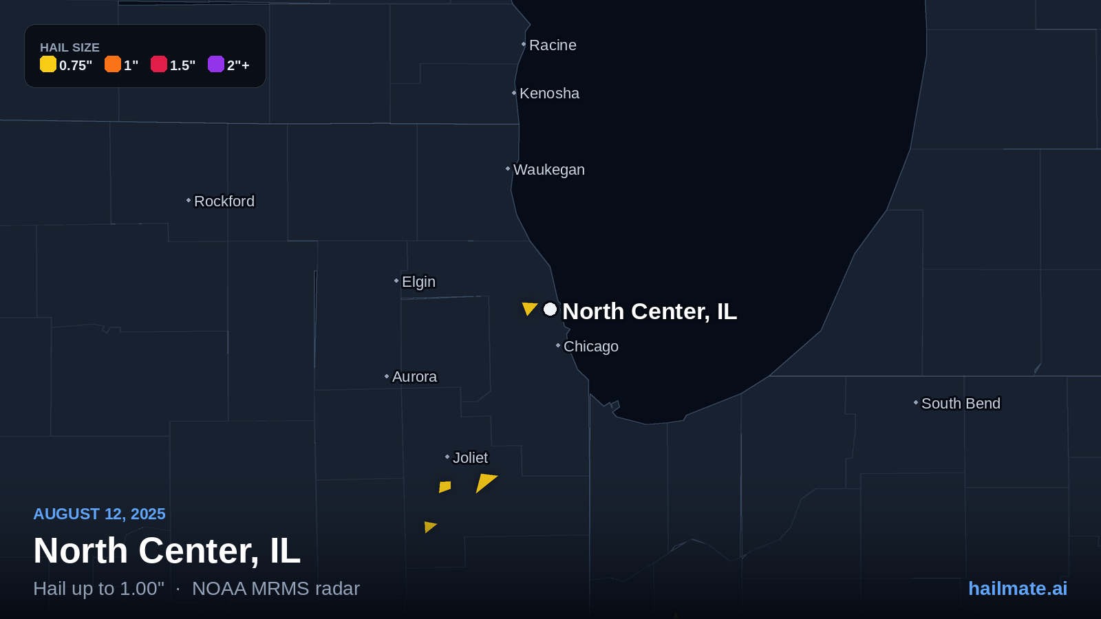 Hail swath map for North Center, IL on August 12, 2025 showing 1.00 inch hail.