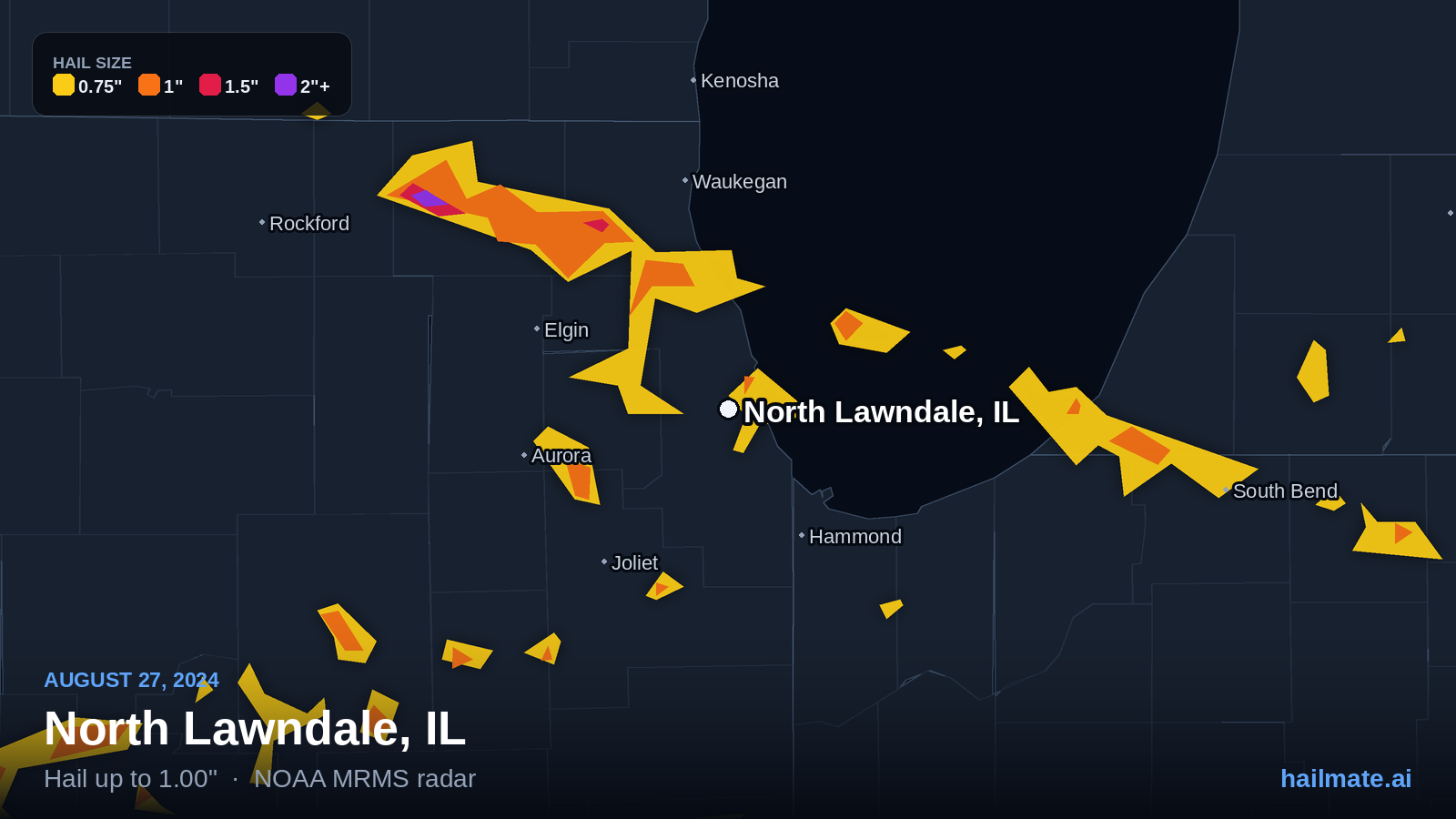 Hail swath map for North Lawndale, IL on August 27, 2024 showing 1.00 inch hail.