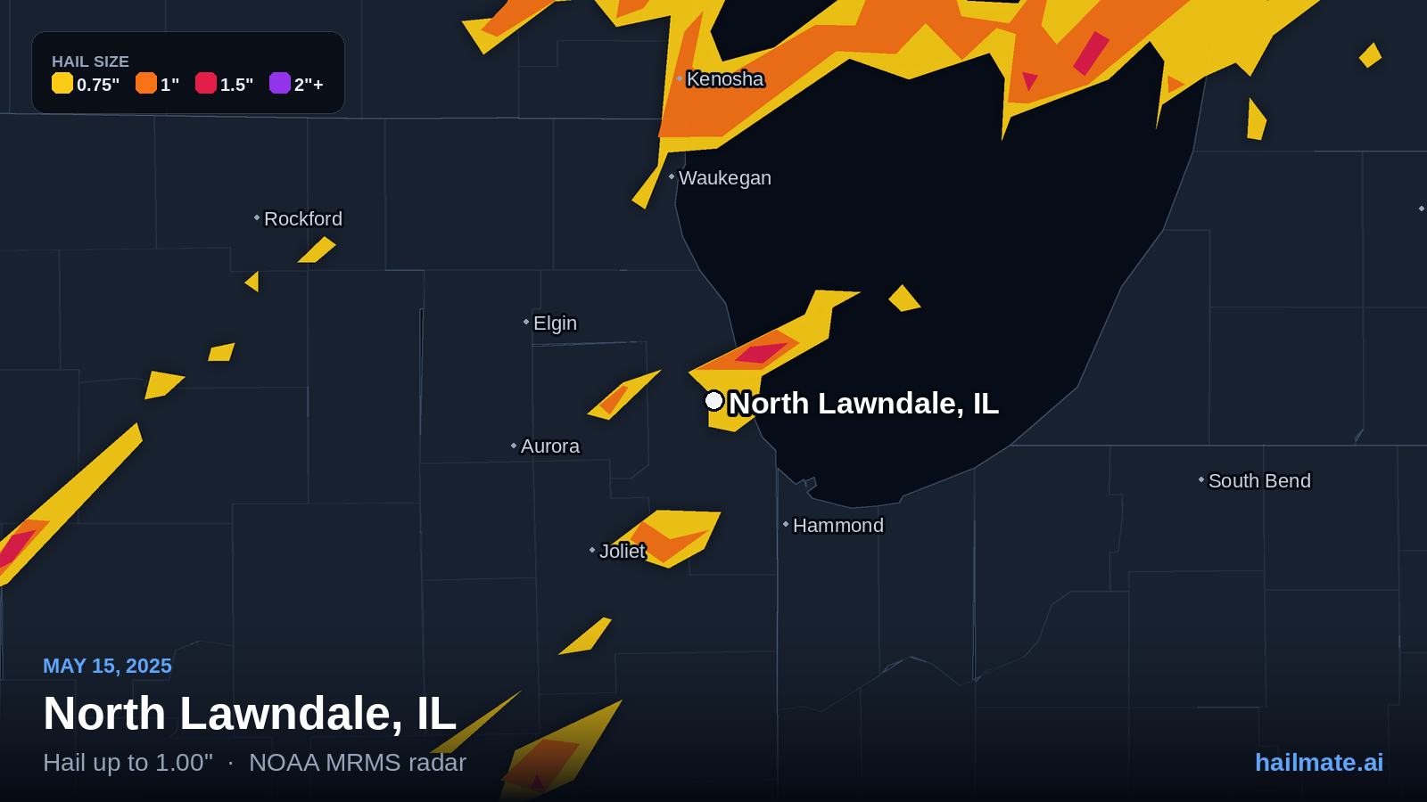 Hail swath map for North Lawndale, IL on May 15, 2025 showing 1.00 inch hail.