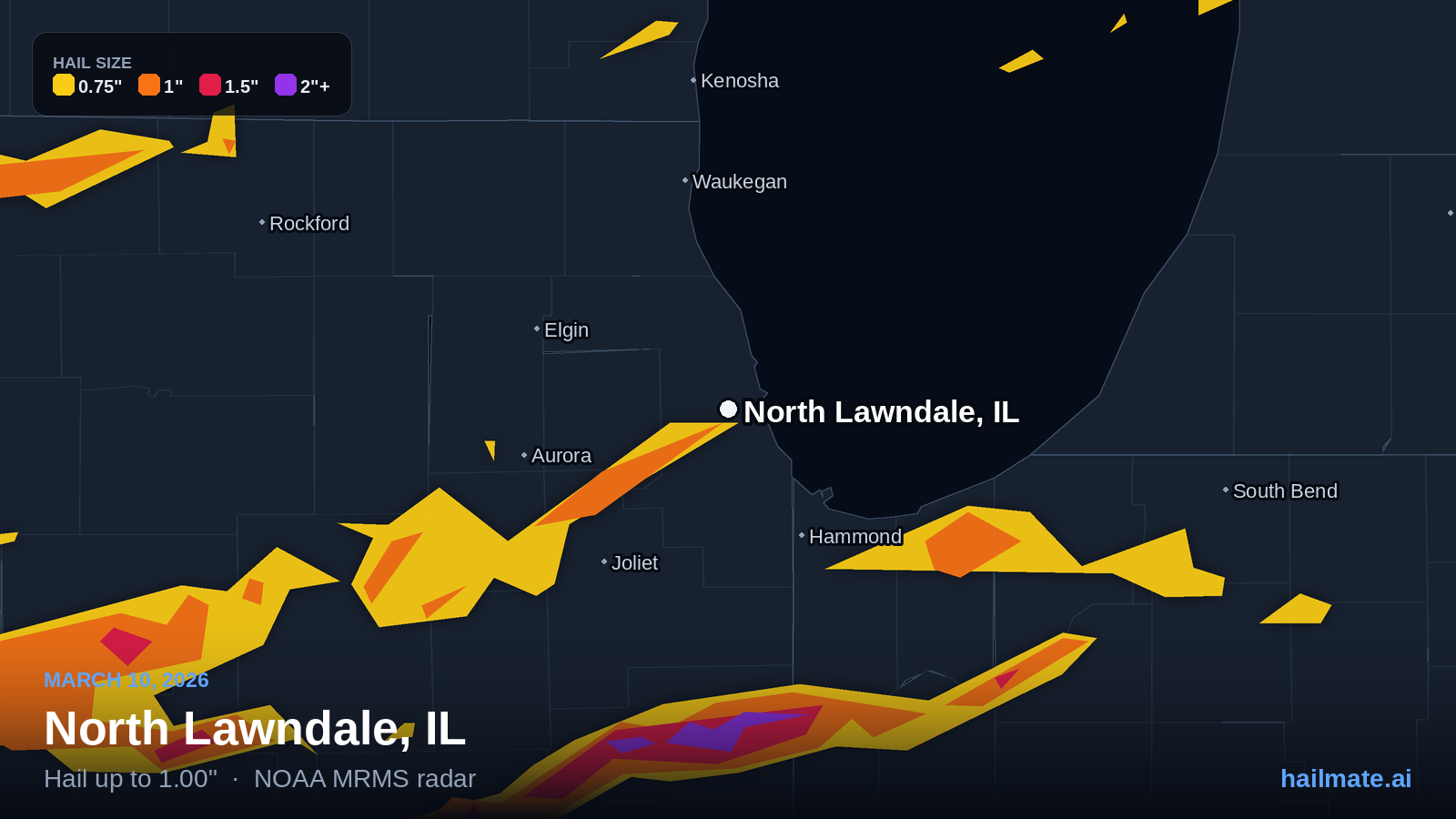 Hail swath map for North Lawndale, IL on March 10, 2026 showing 1.00 inch hail.