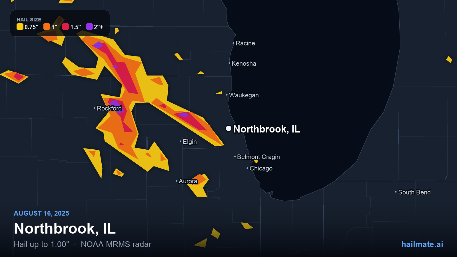 Hail swath map for Northbrook, IL on August 16, 2025 showing 1.00 inch hail.