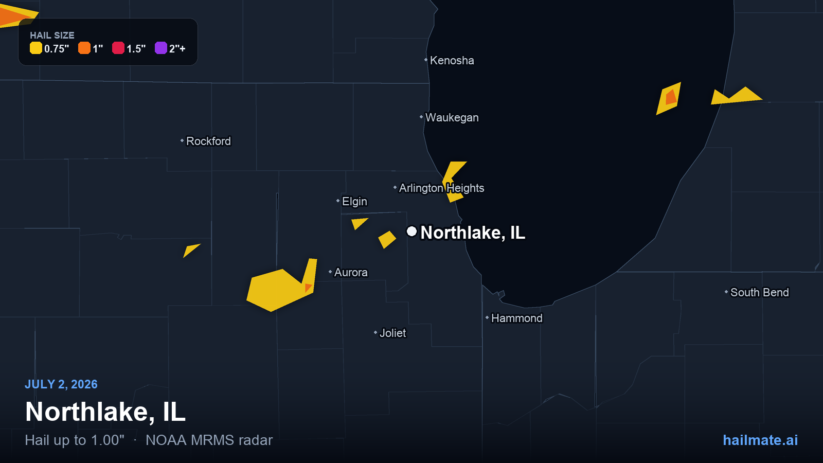 Hail swath map for Northlake, IL on July 2, 2026 showing 1.00 inch hail.