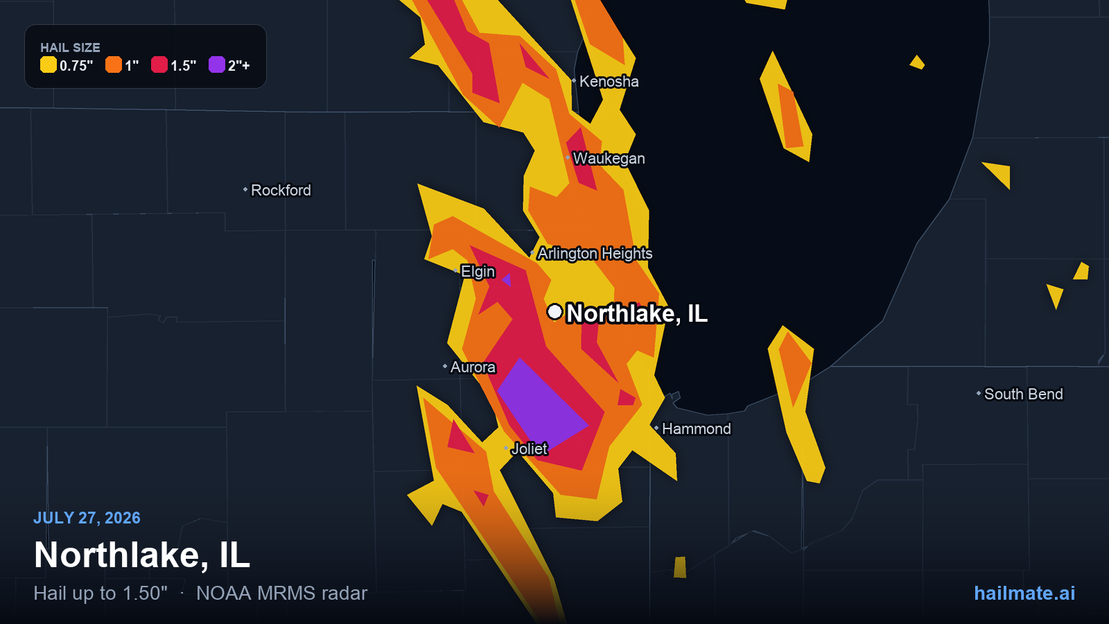 Hail swath map for Northlake, IL on July 27, 2026 showing 1.50 inch hail.