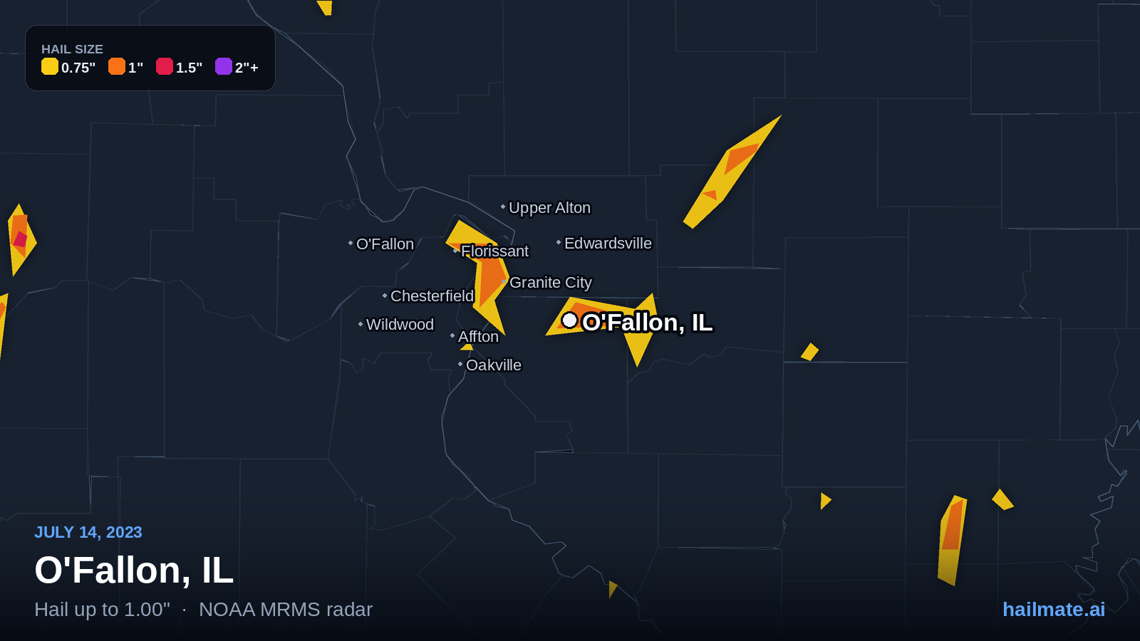 Hail swath map for O'Fallon, IL on July 14, 2023 showing 1.00 inch hail.