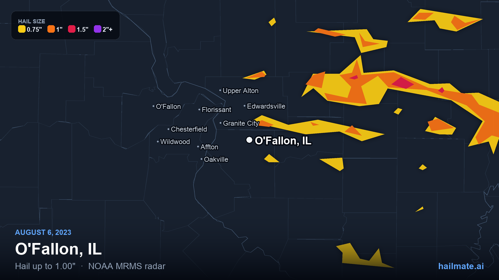 Hail swath map for O'Fallon, IL on August 6, 2023 showing 1.00 inch hail.