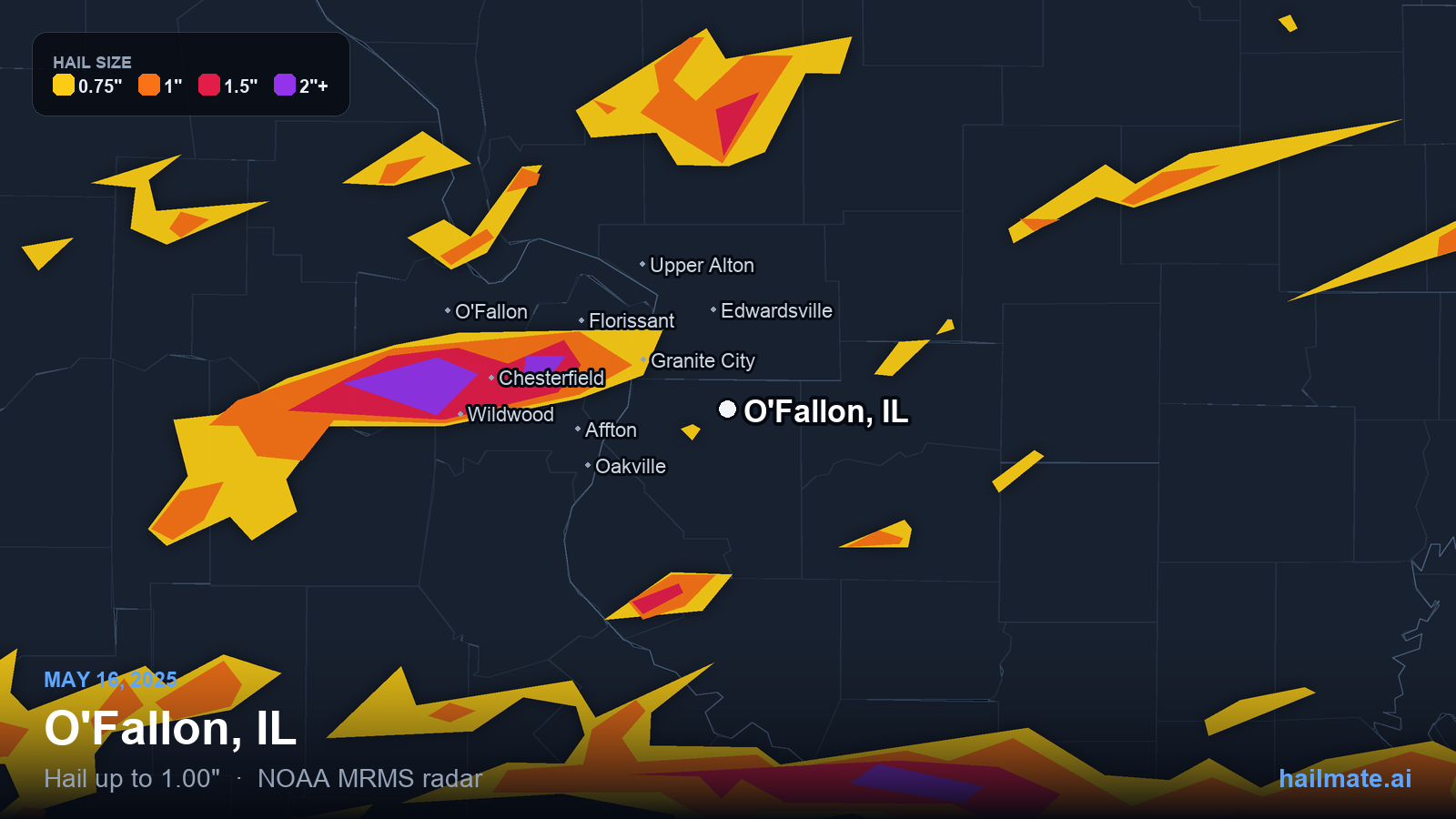 Hail swath map for O'Fallon, IL on May 16, 2025 showing 1.00 inch hail.