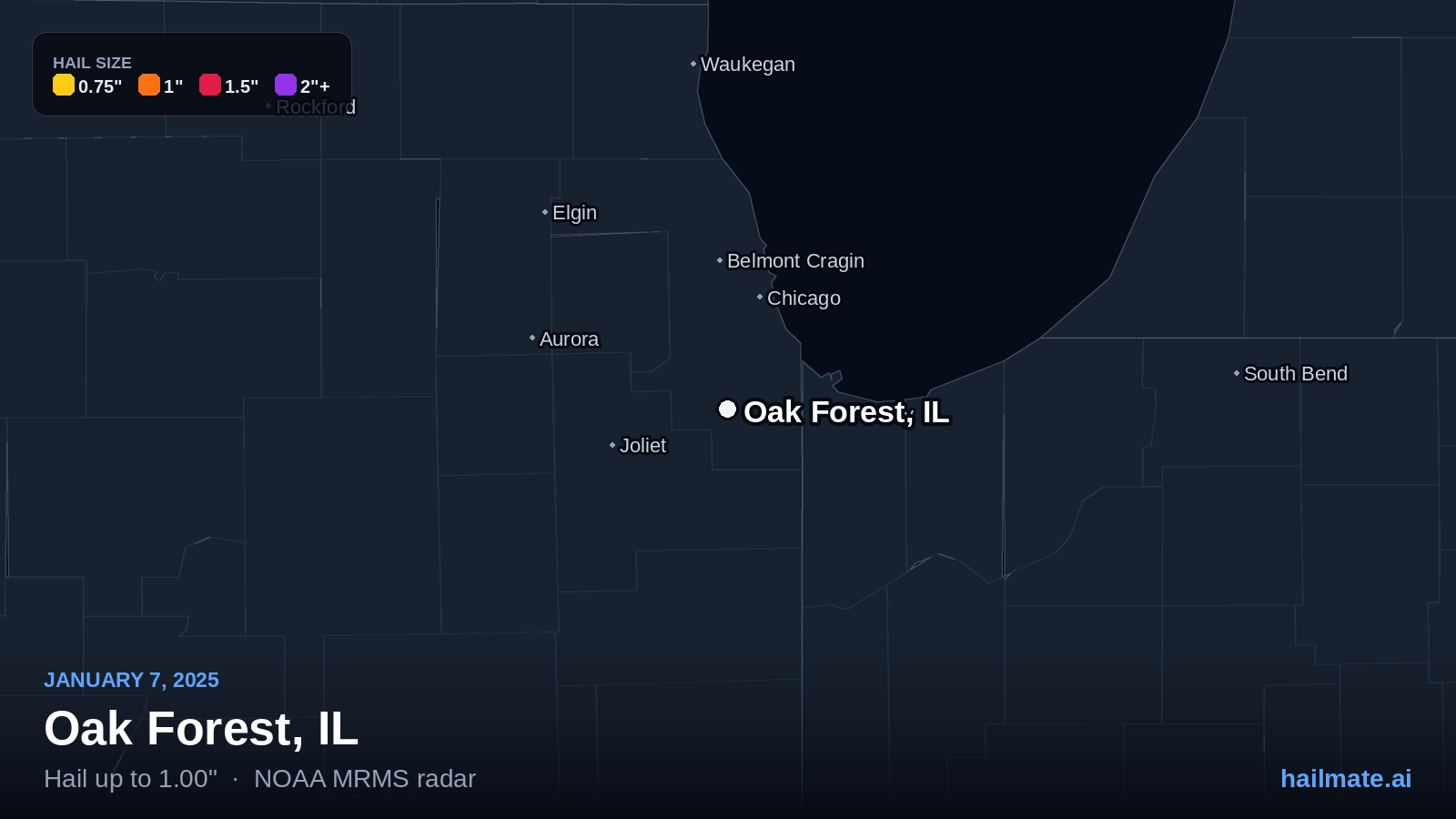 Hail swath map for Oak Forest, IL on January 7, 2025 showing 1.00 inch hail.