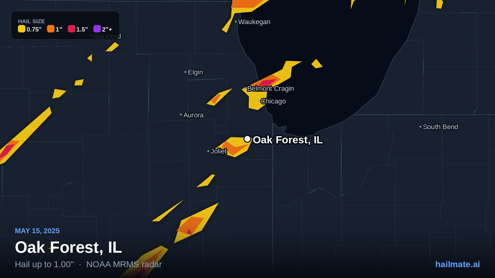 Hail swath map for Oak Forest, IL on May 15, 2025 showing 1.00 inch hail.
