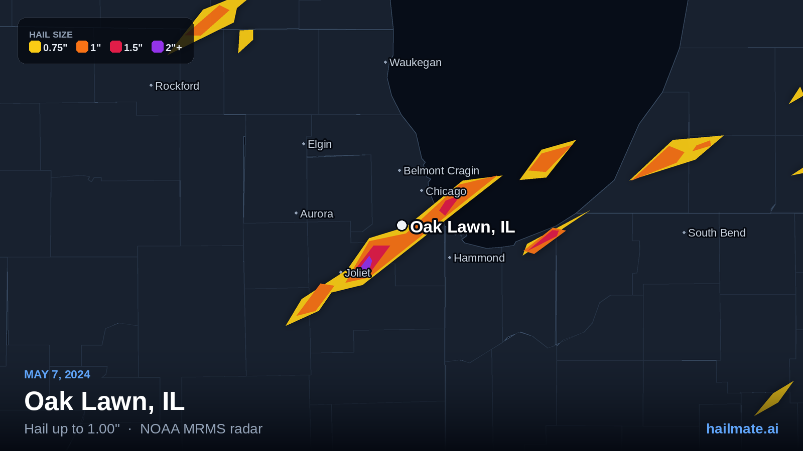 Hail swath map for Oak Lawn, IL on May 7, 2024 showing 1.00 inch hail.