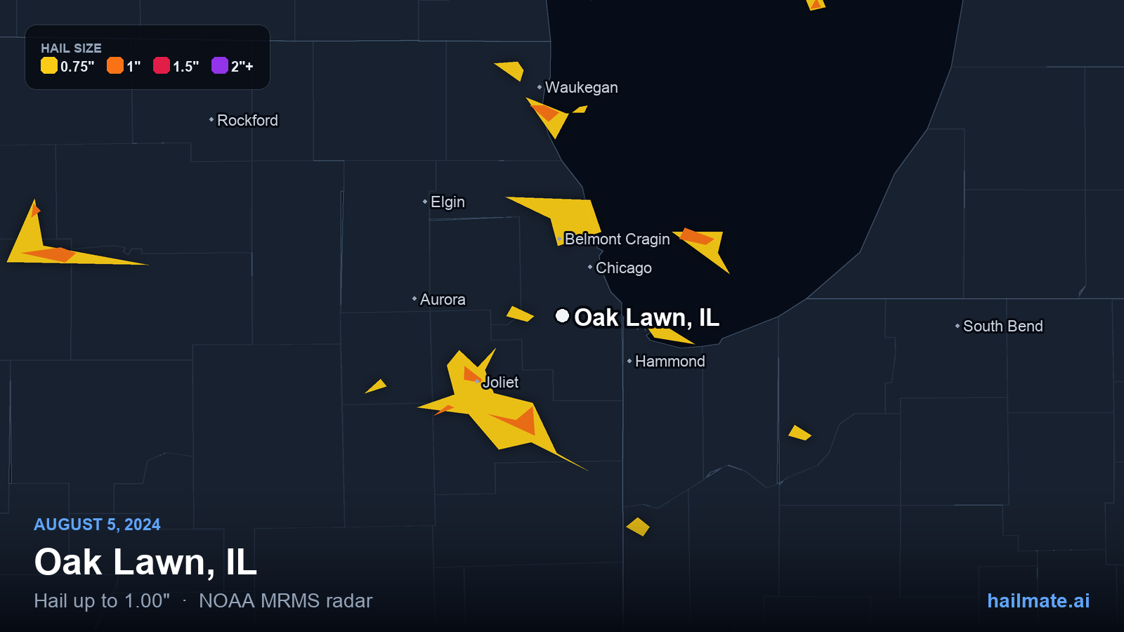 Hail swath map for Oak Lawn, IL on August 5, 2024 showing 1.00 inch hail.