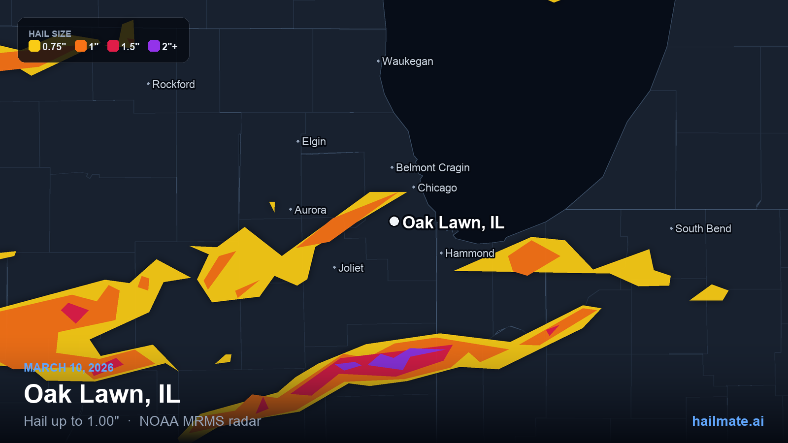 Hail swath map for Oak Lawn, IL on March 10, 2026 showing 1.00 inch hail.