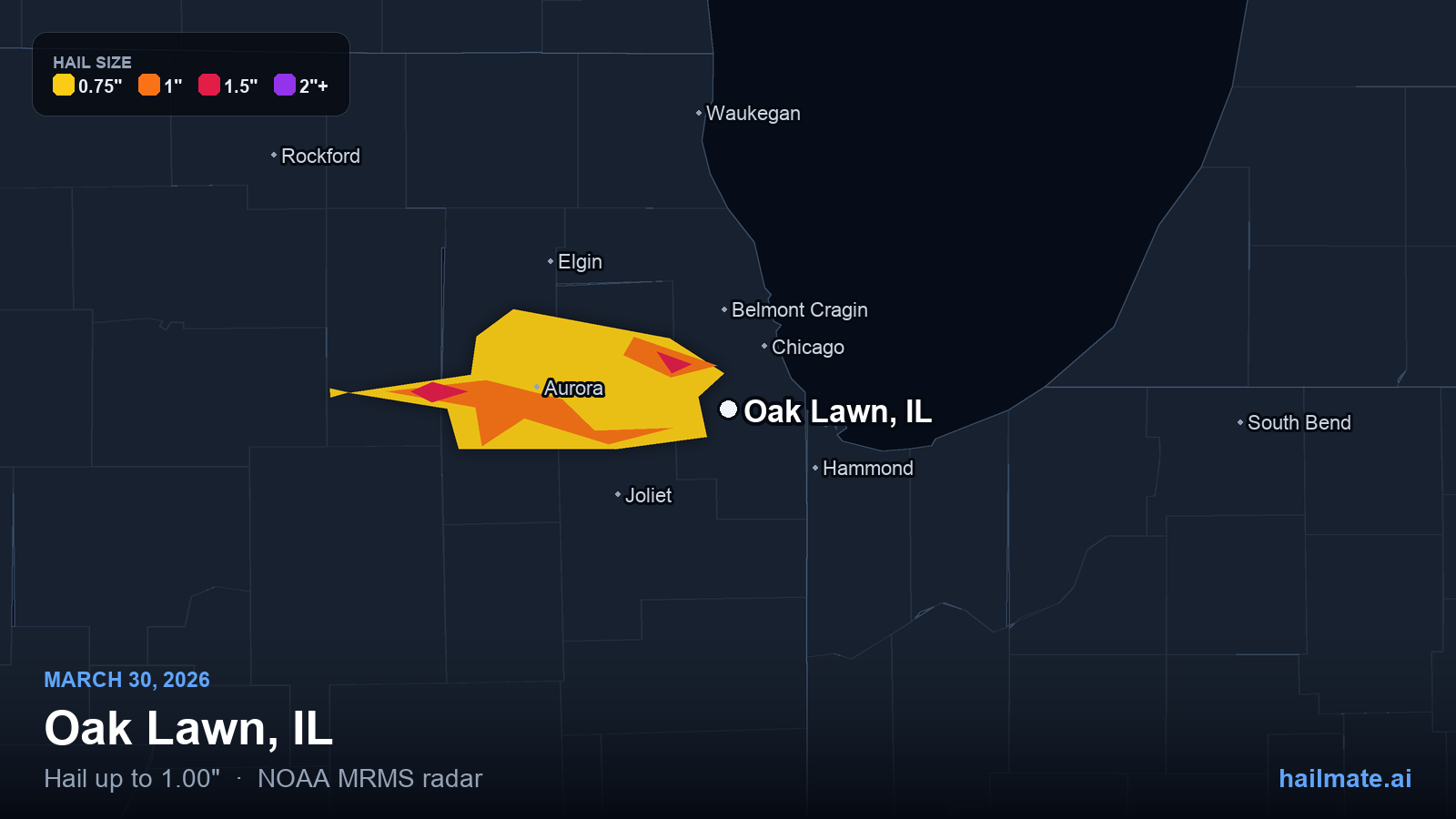 Hail swath map for Oak Lawn, IL on March 30, 2026 showing 1.00 inch hail.