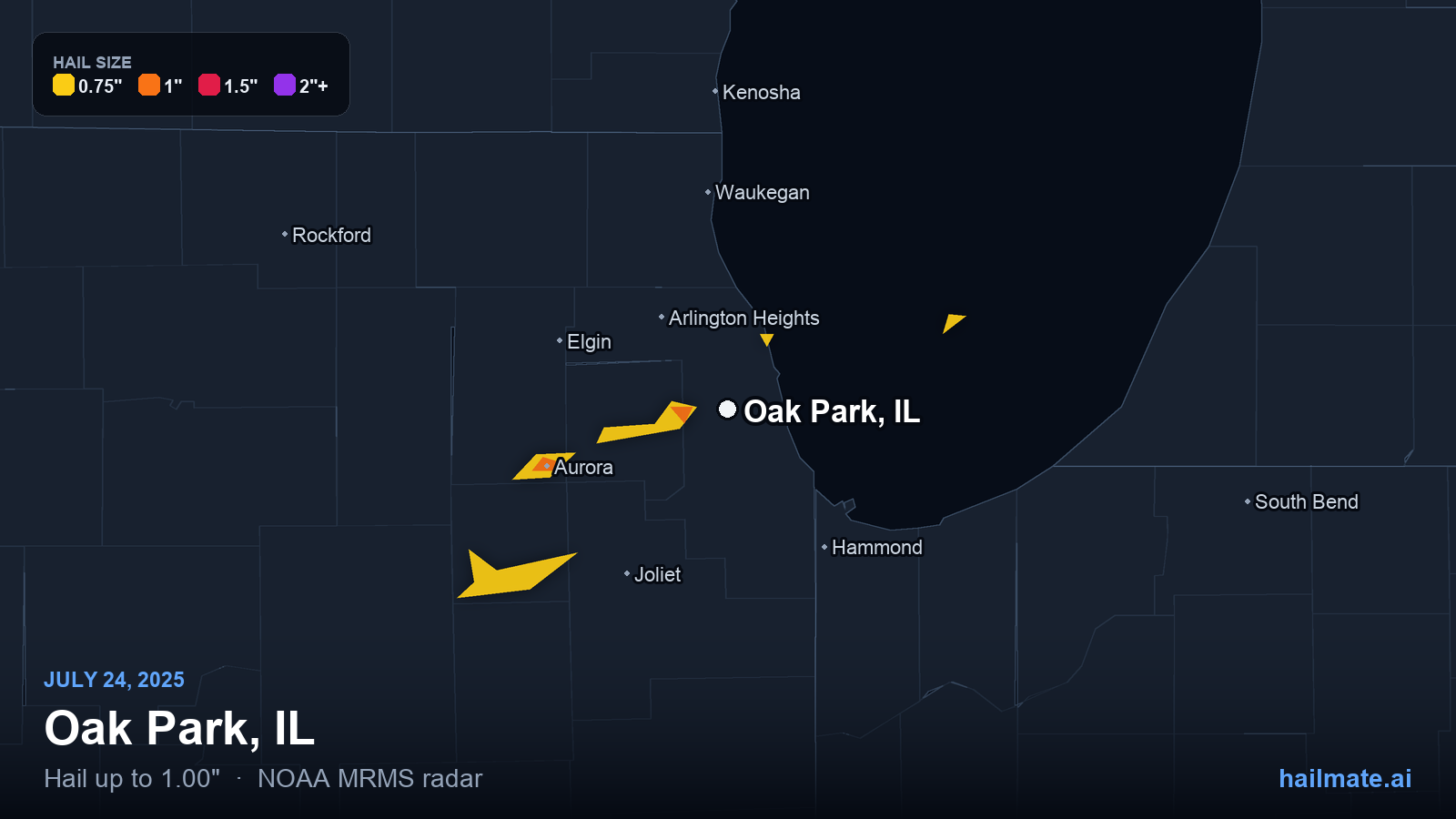 Hail swath map for Oak Park, IL on July 24, 2025 showing 1.00 inch hail.