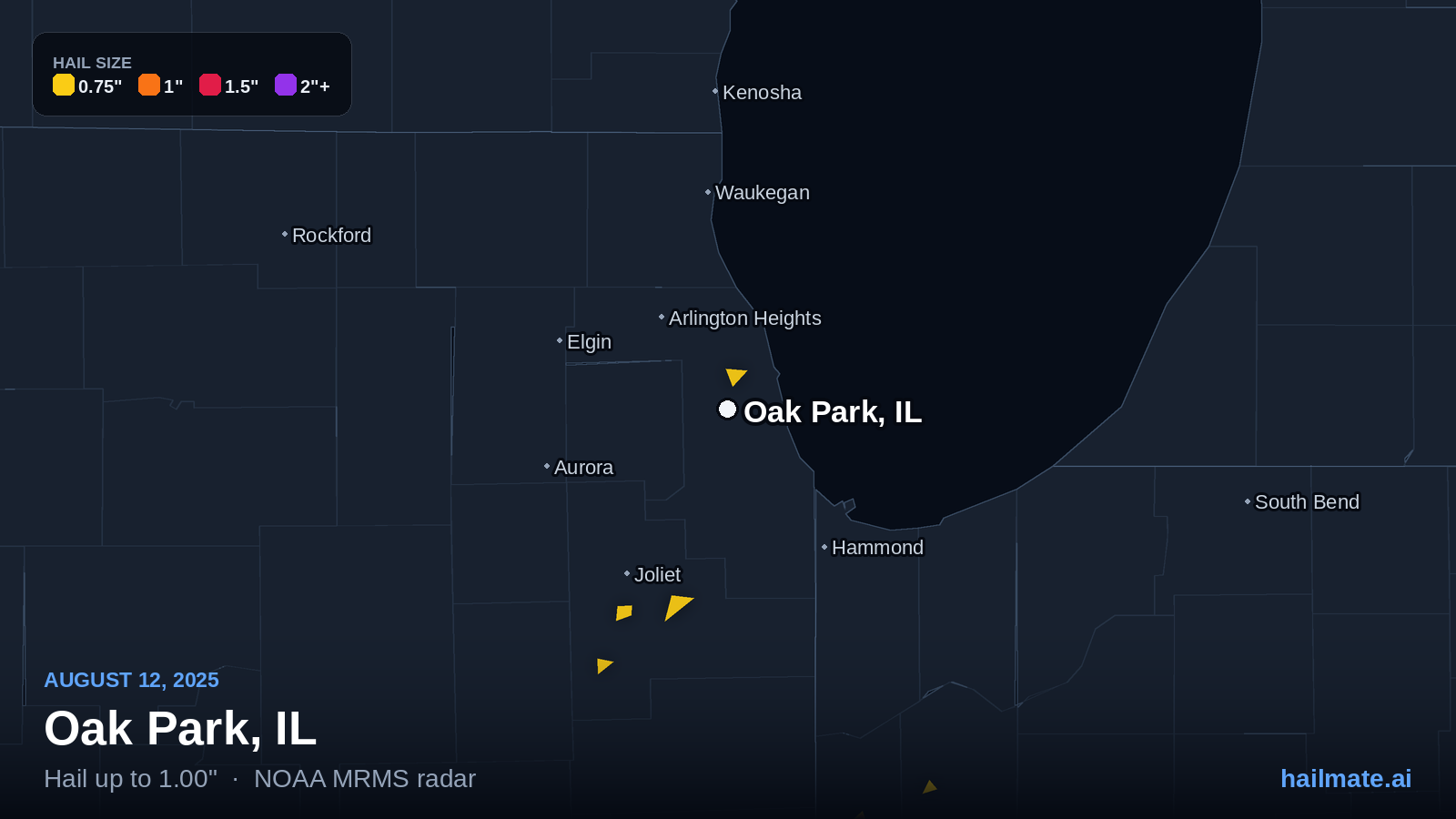 Hail swath map for Oak Park, IL on August 12, 2025 showing 1.00 inch hail.