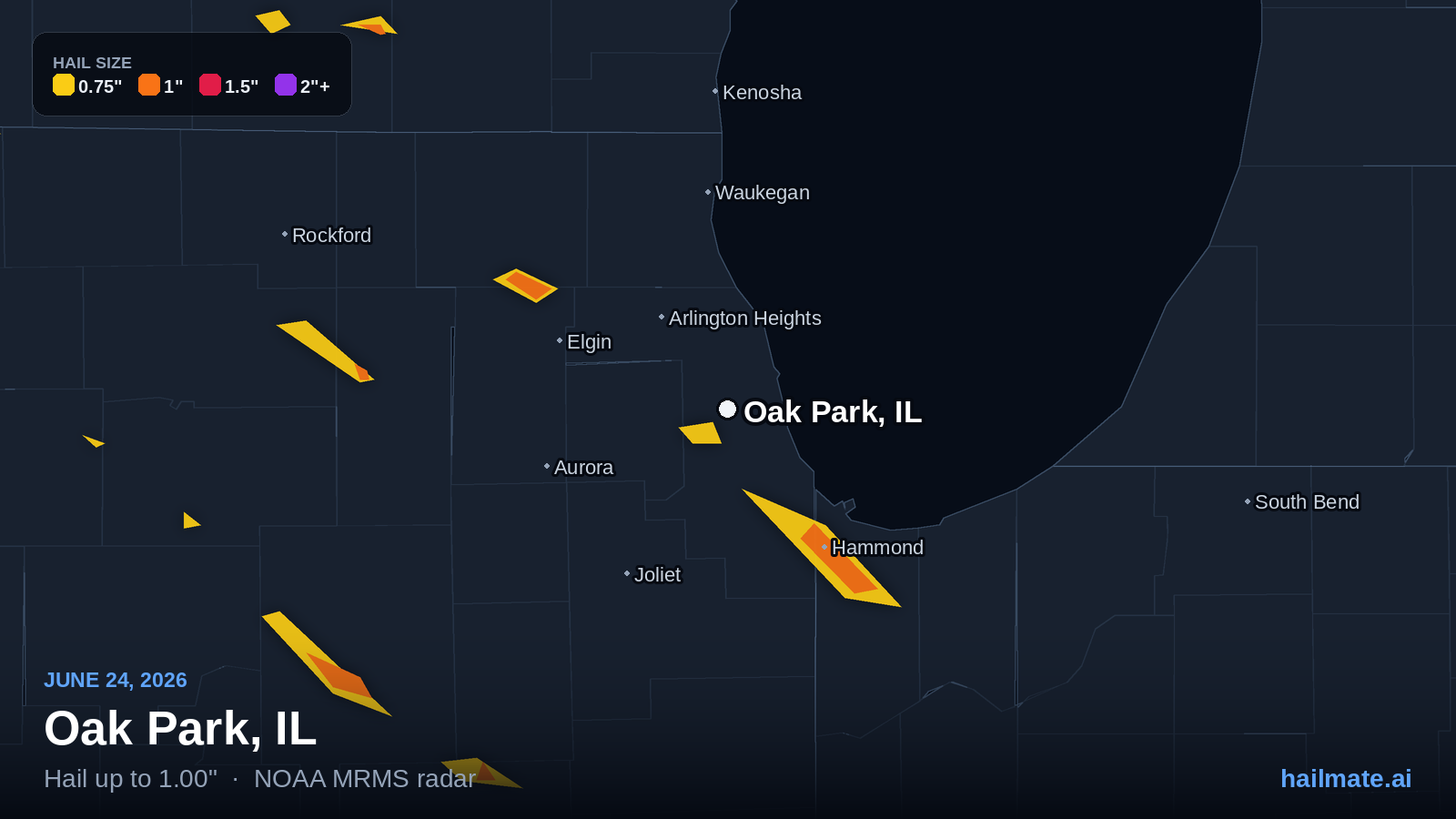 Hail swath map for Oak Park, IL on June 24, 2026 showing 1.00 inch hail.