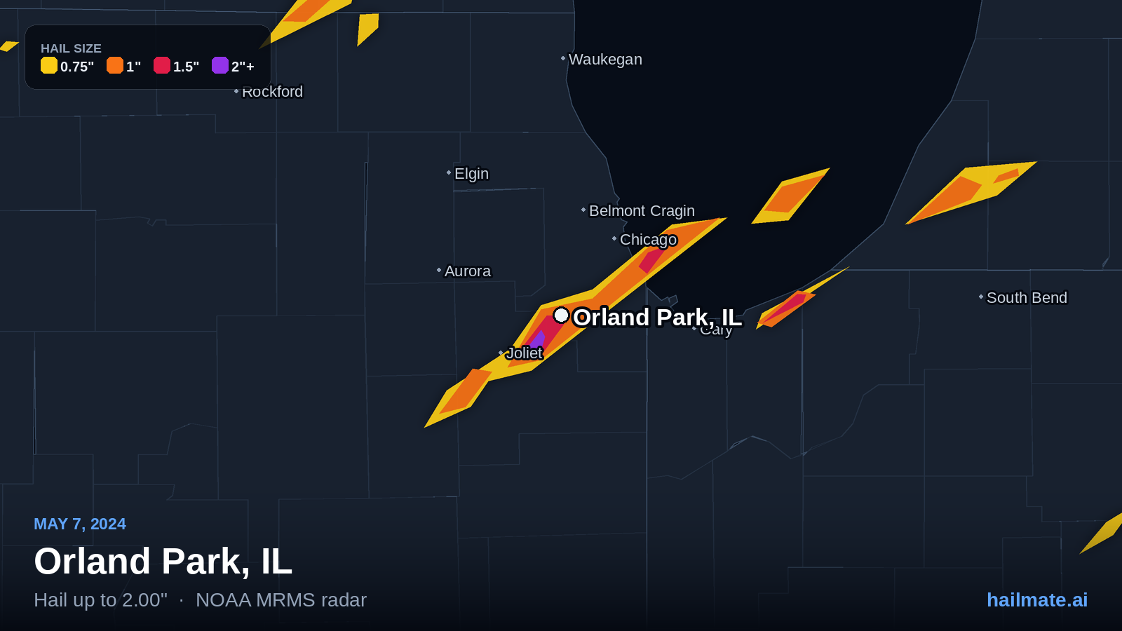 Hail swath map for Orland Park, IL on May 7, 2024 showing 2.00 inch hail.