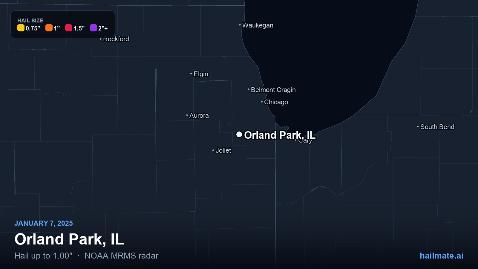 Hail swath map for Orland Park, IL on January 7, 2025 showing 1.00 inch hail.