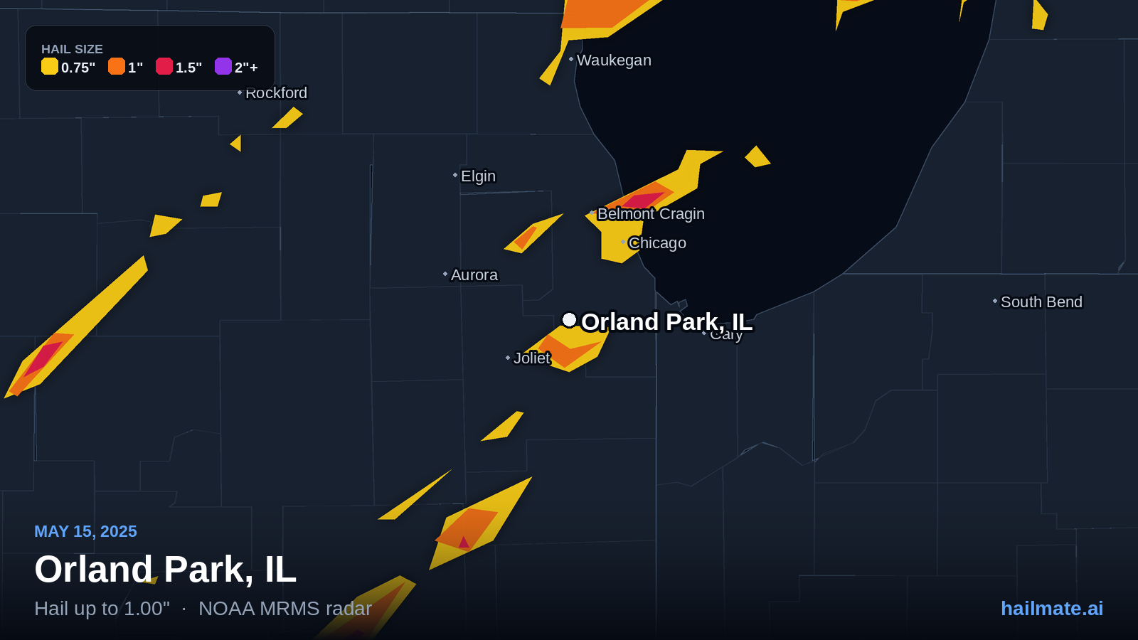 Hail swath map for Orland Park, IL on May 15, 2025 showing 1.00 inch hail.