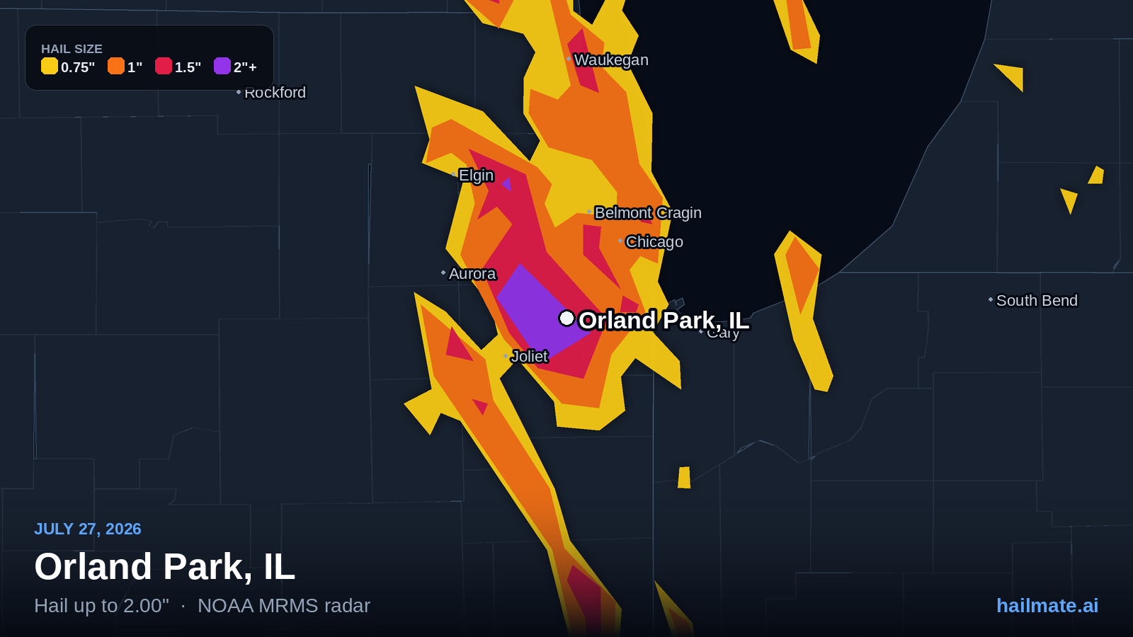 Hail swath map for Orland Park, IL on July 27, 2026 showing 2.00 inch hail.