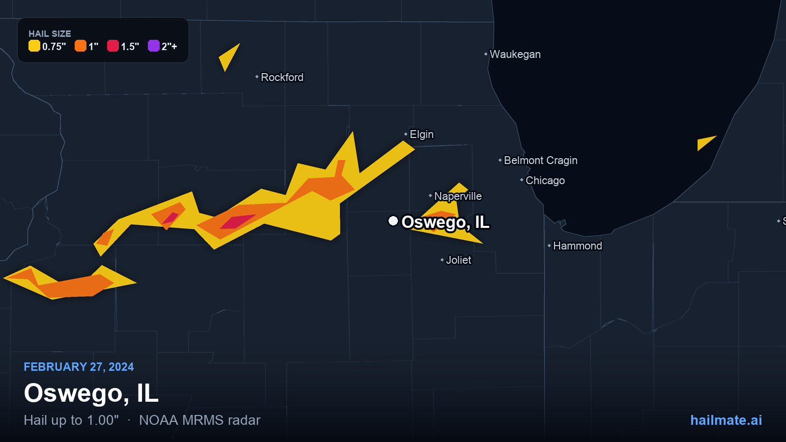 Hail swath map for Oswego, IL on February 27, 2024 showing 1.00 inch hail.