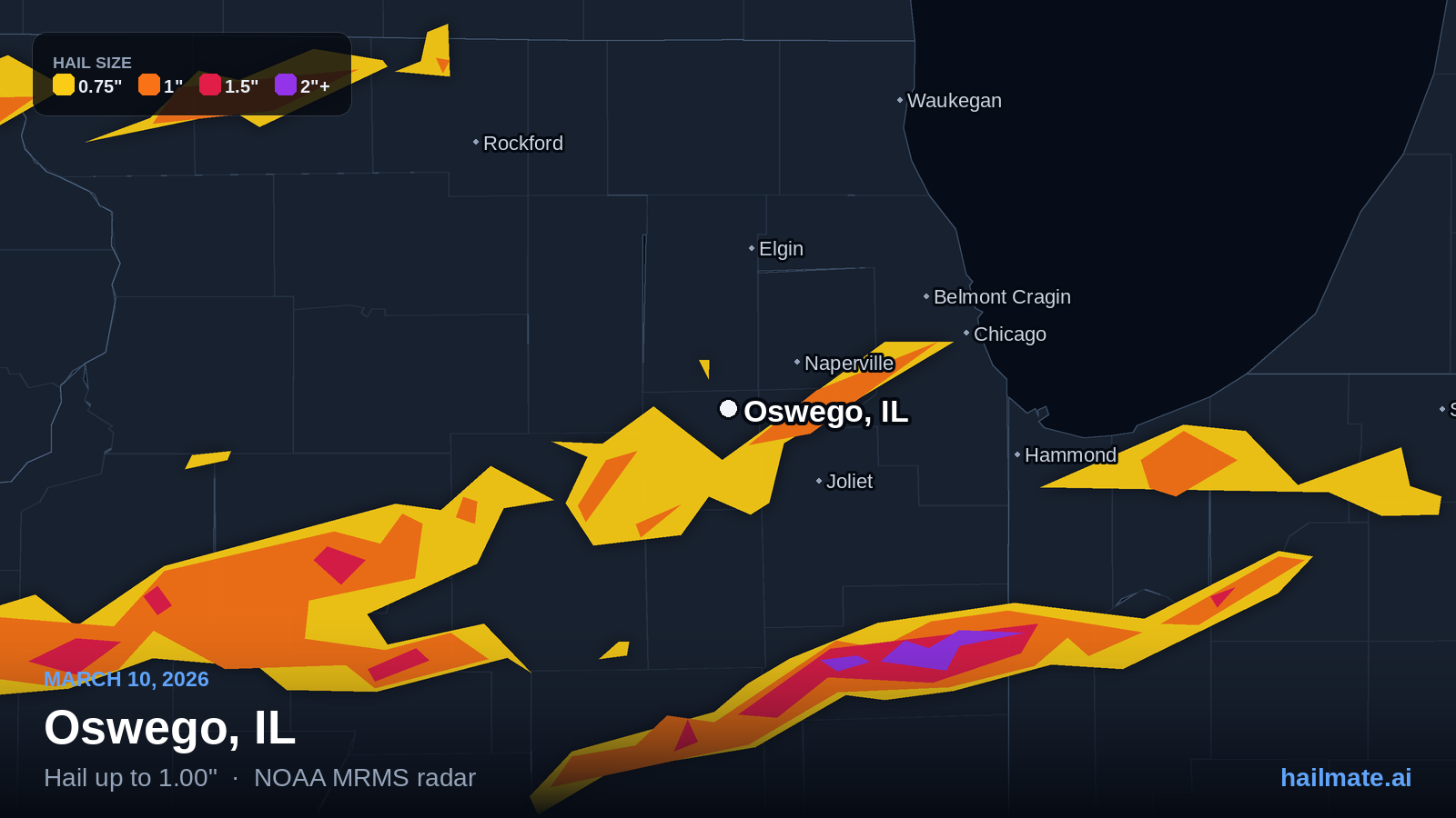 Hail swath map for Oswego, IL on March 10, 2026 showing 1.00 inch hail.