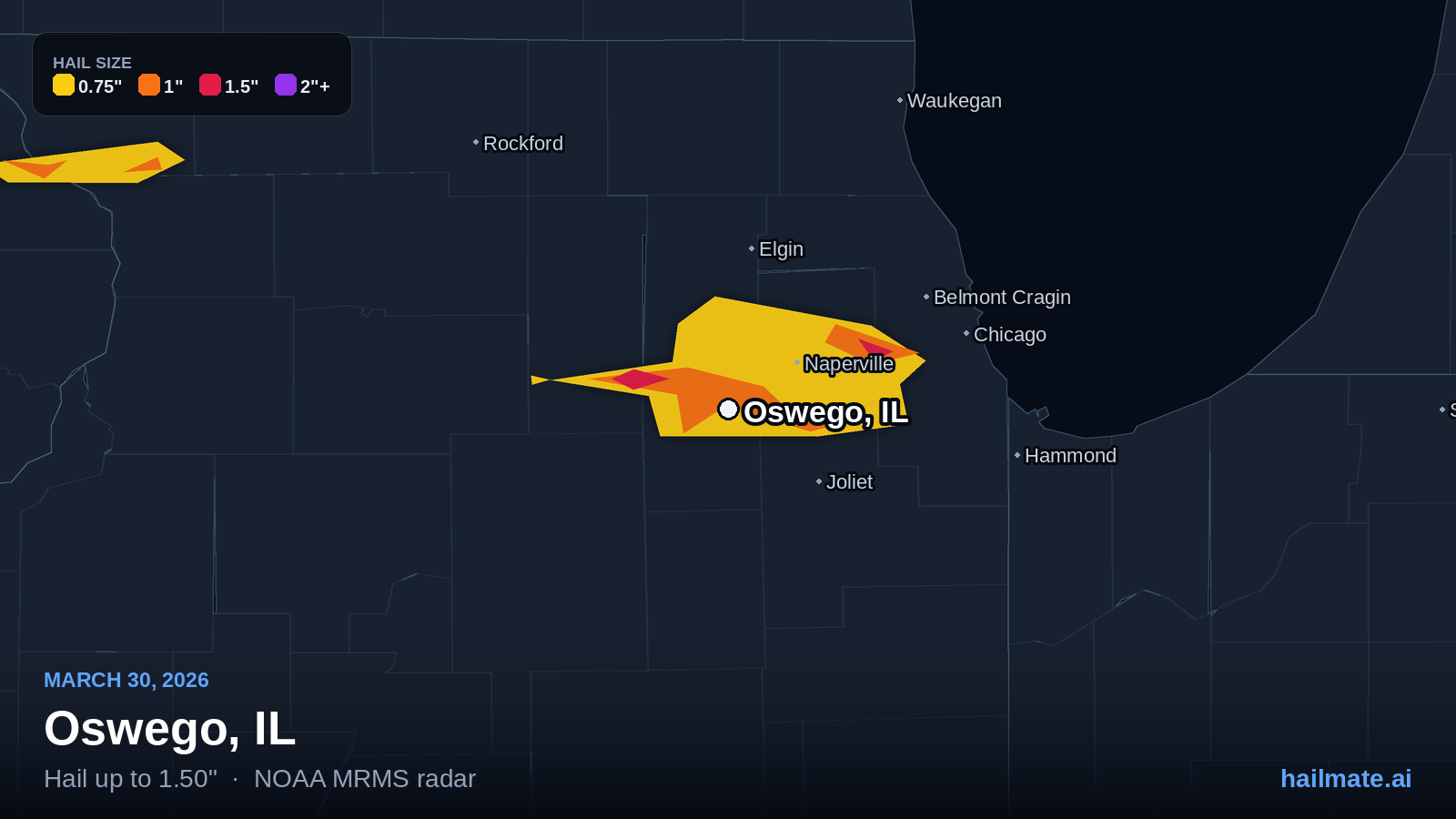 Hail swath map for Oswego, IL on March 30, 2026 showing 1.50 inch hail.