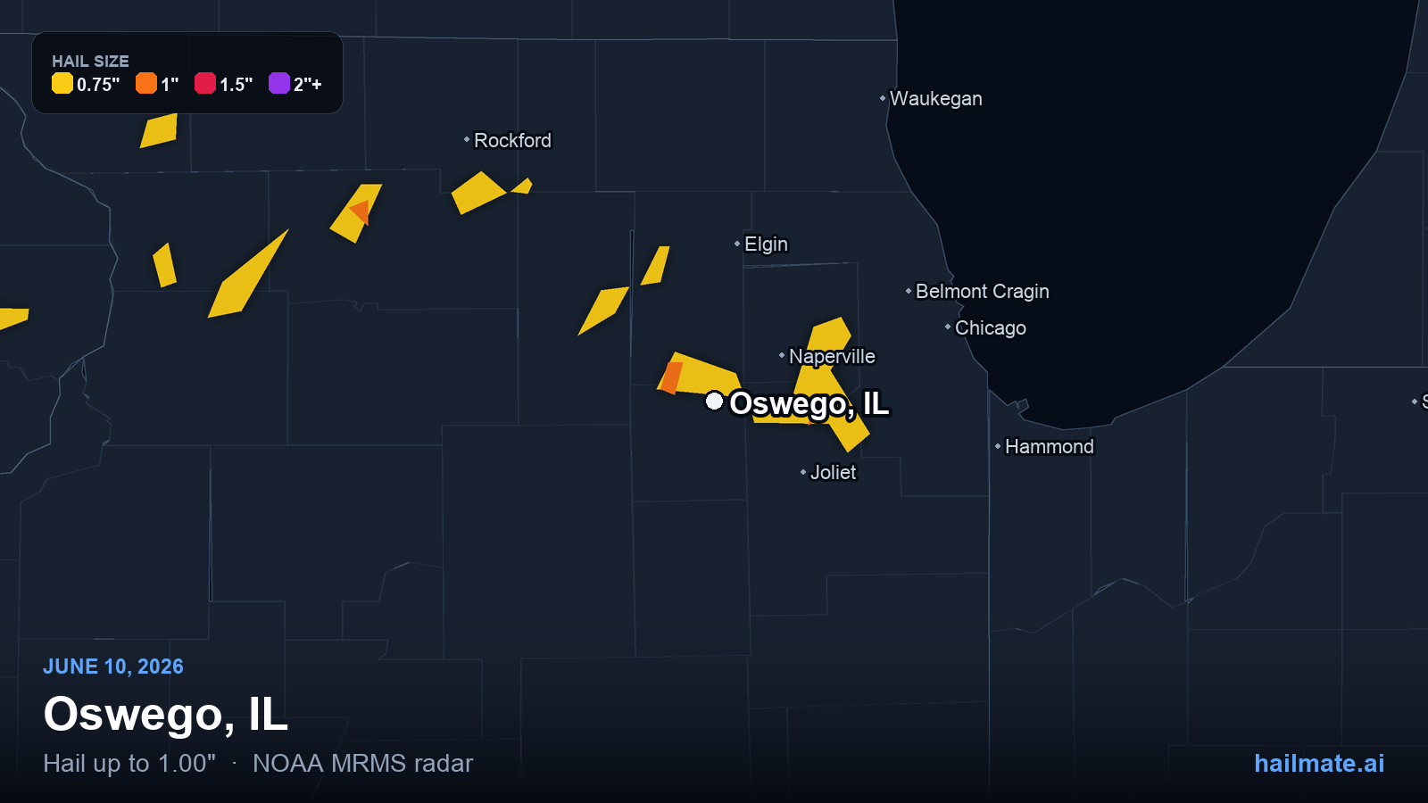 Hail swath map for Oswego, IL on June 10, 2026 showing 1.00 inch hail.