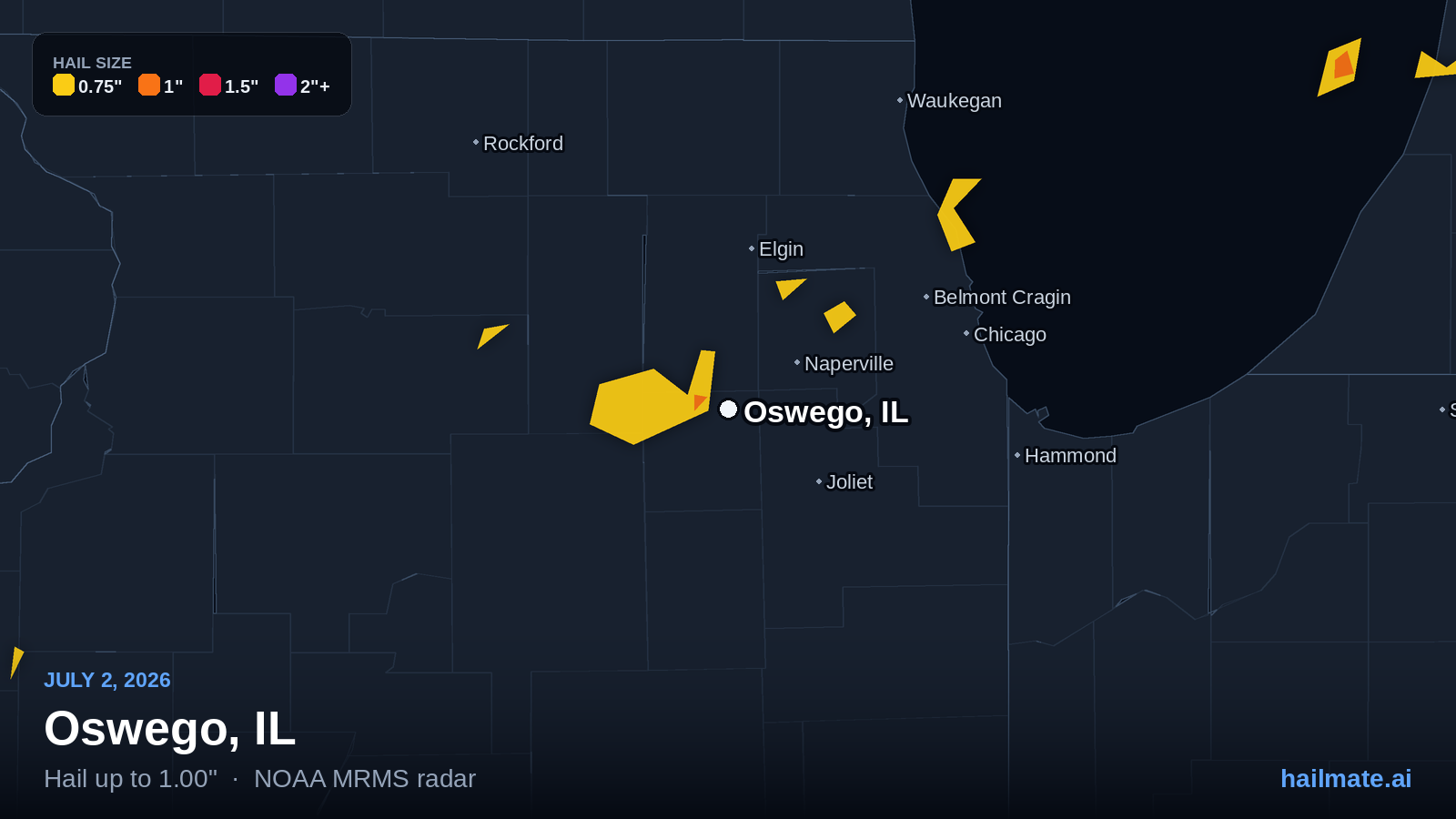Hail swath map for Oswego, IL on July 2, 2026 showing 1.00 inch hail.