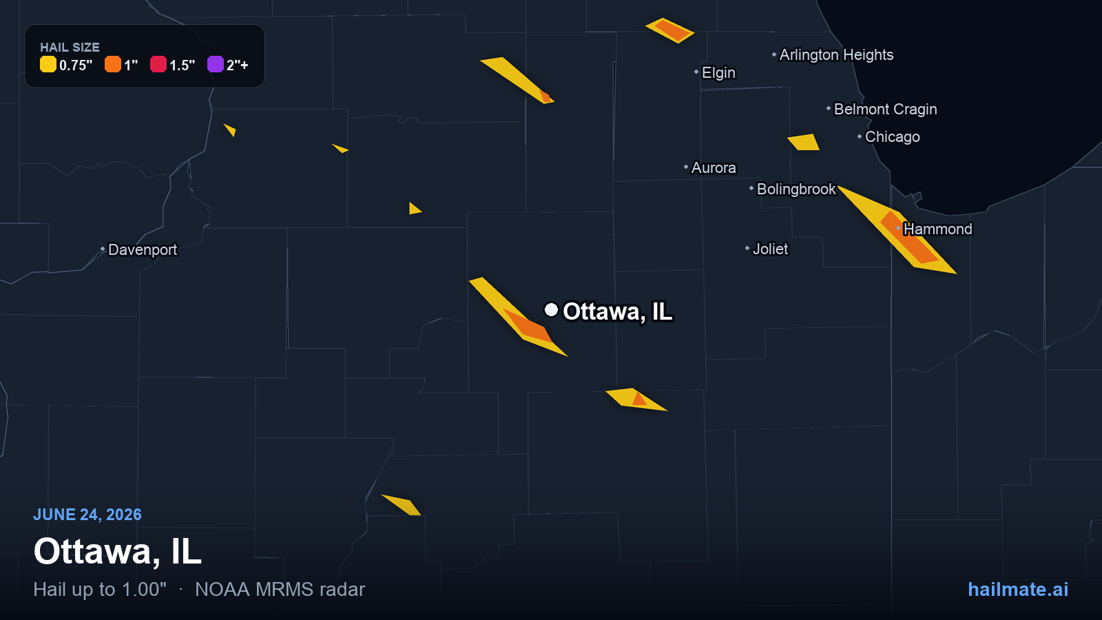 Hail swath map for Ottawa, IL on June 24, 2026 showing 1.00 inch hail.