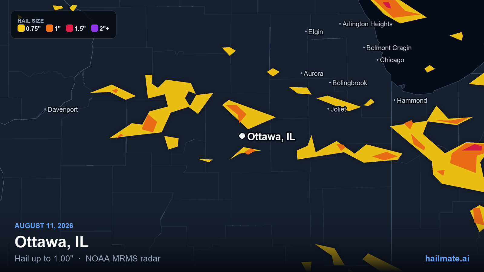 Hail swath map for Ottawa, IL on August 11, 2026 showing 1.00 inch hail.