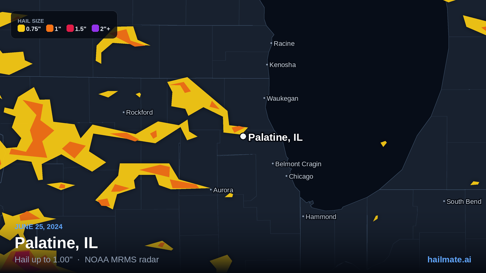 Hail swath map for Palatine, IL on June 25, 2024 showing 1.00 inch hail.