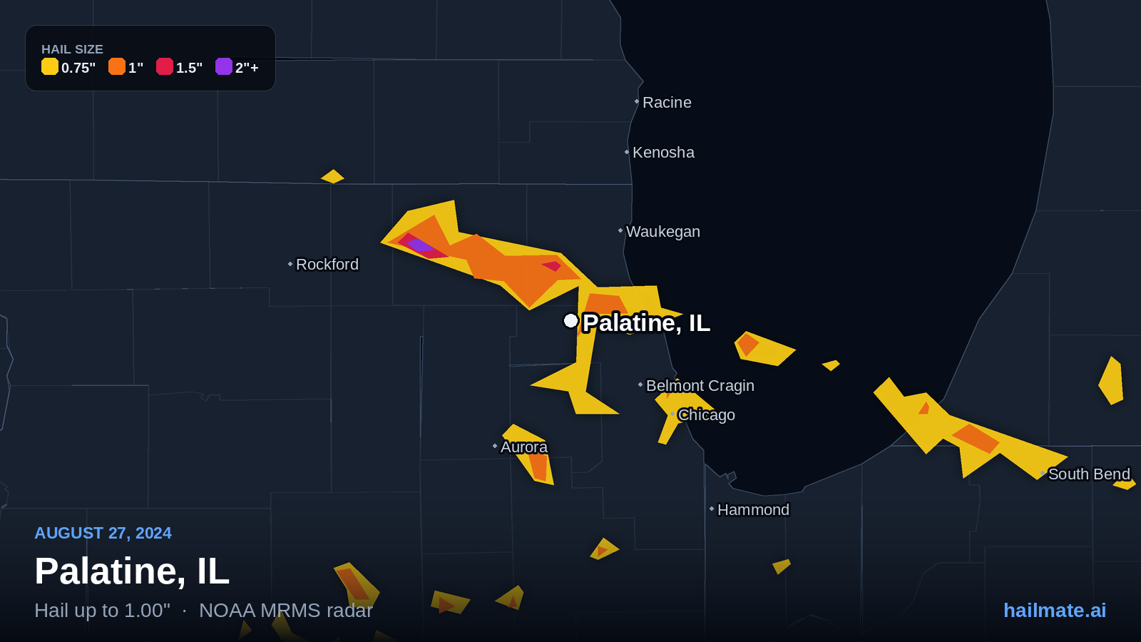 Hail swath map for Palatine, IL on August 27, 2024 showing 1.00 inch hail.