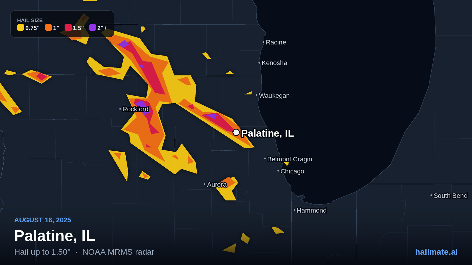 Hail swath map for Palatine, IL on August 16, 2025 showing 1.50 inch hail.